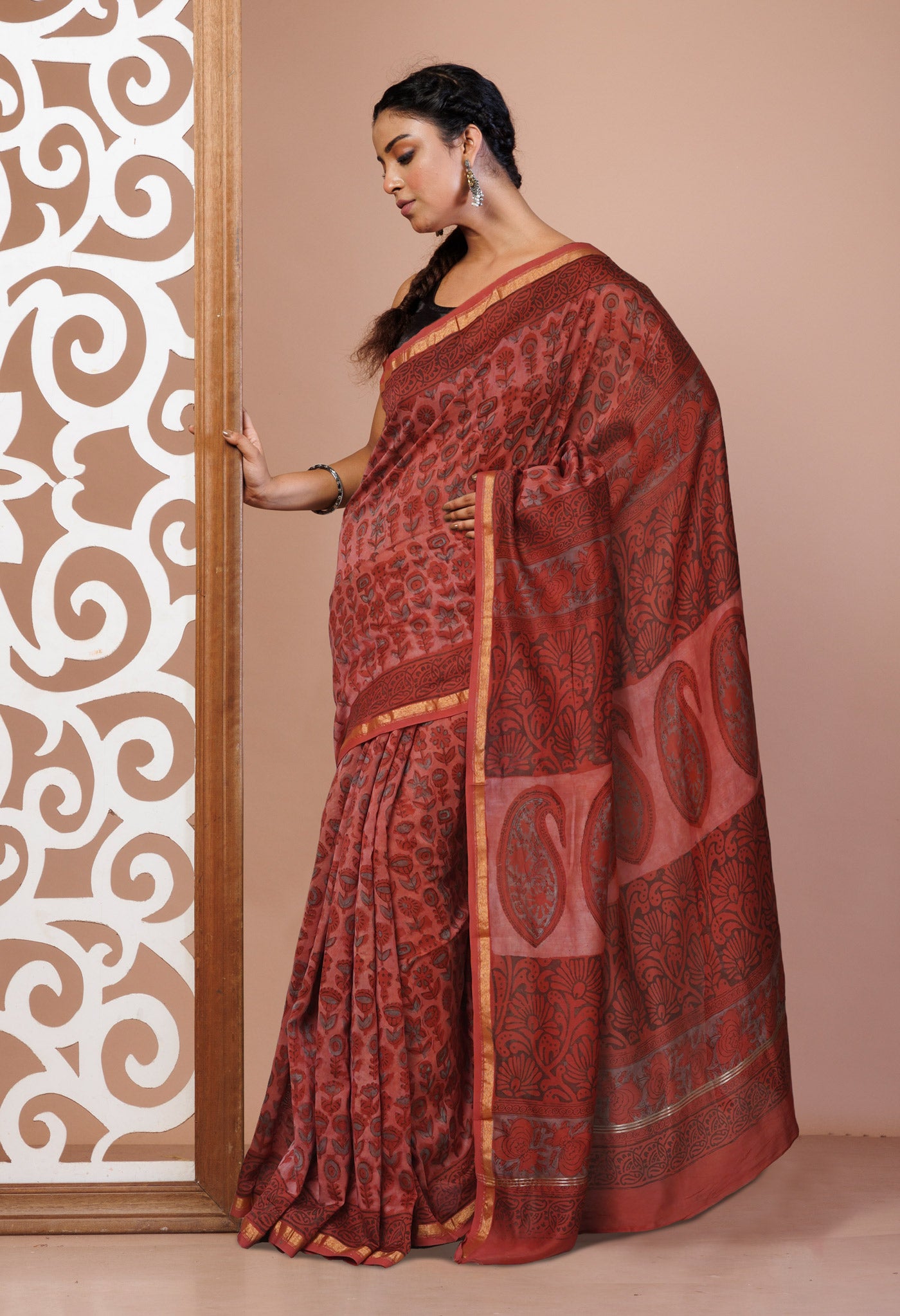 Red Pure Vanaspathi Block Printed Chanderi Sico Saree-UNM81650