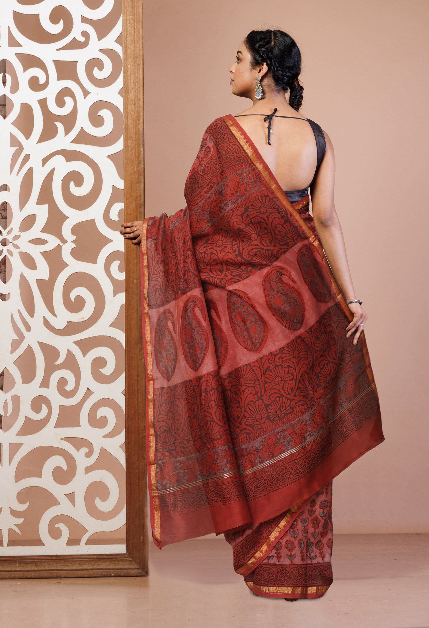 Red Pure Vanaspathi Block Printed Chanderi Sico Saree-UNM81650