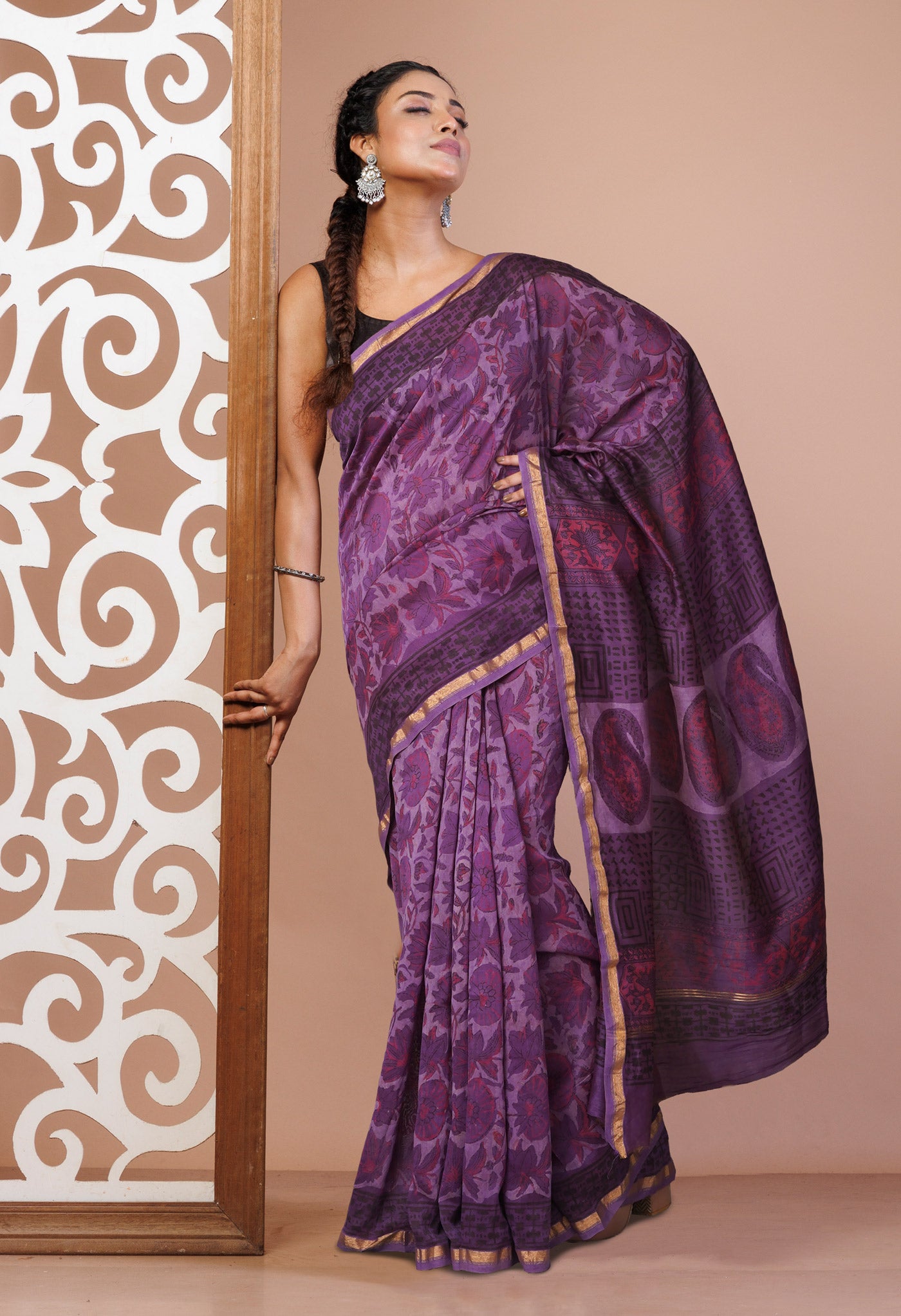 Violet Pure Vanaspathi Block Printed Chanderi Sico Saree-UNM81651