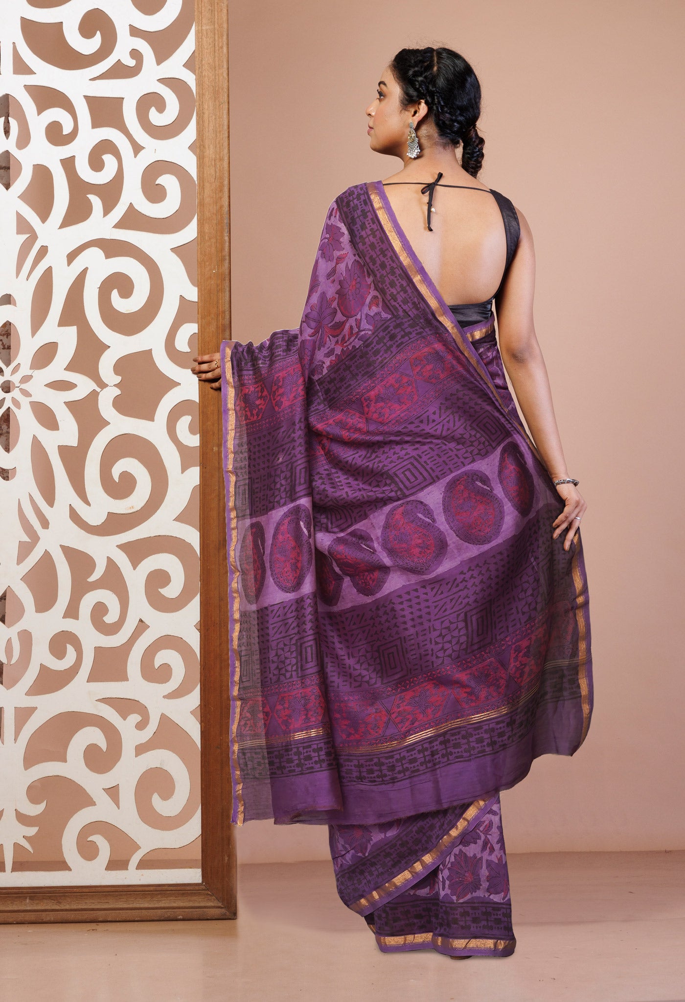 Violet Pure Vanaspathi Block Printed Chanderi Sico Saree-UNM81651