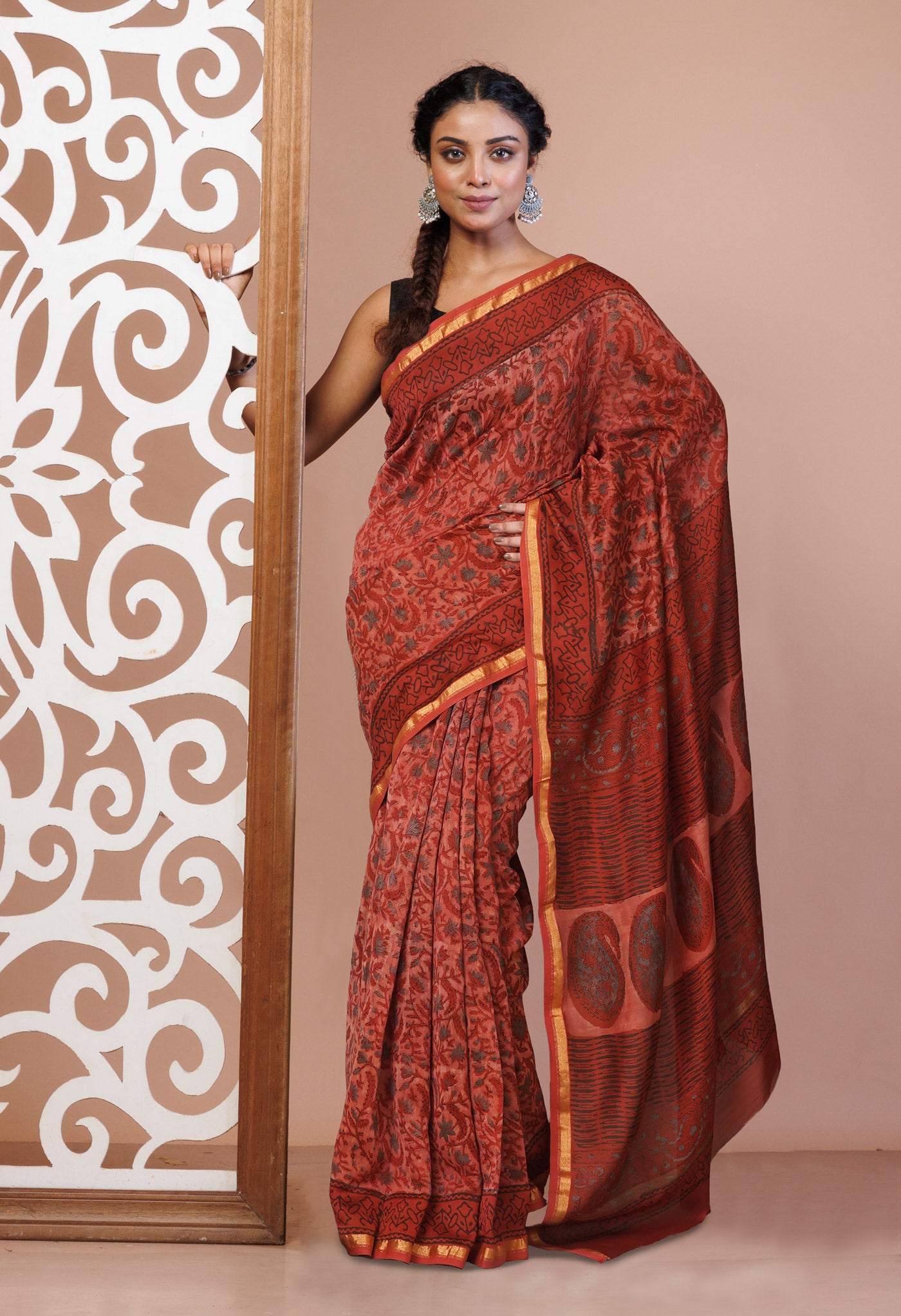 Red Pure Vanaspathi Block Printed Chanderi Sico Saree-UNM81652