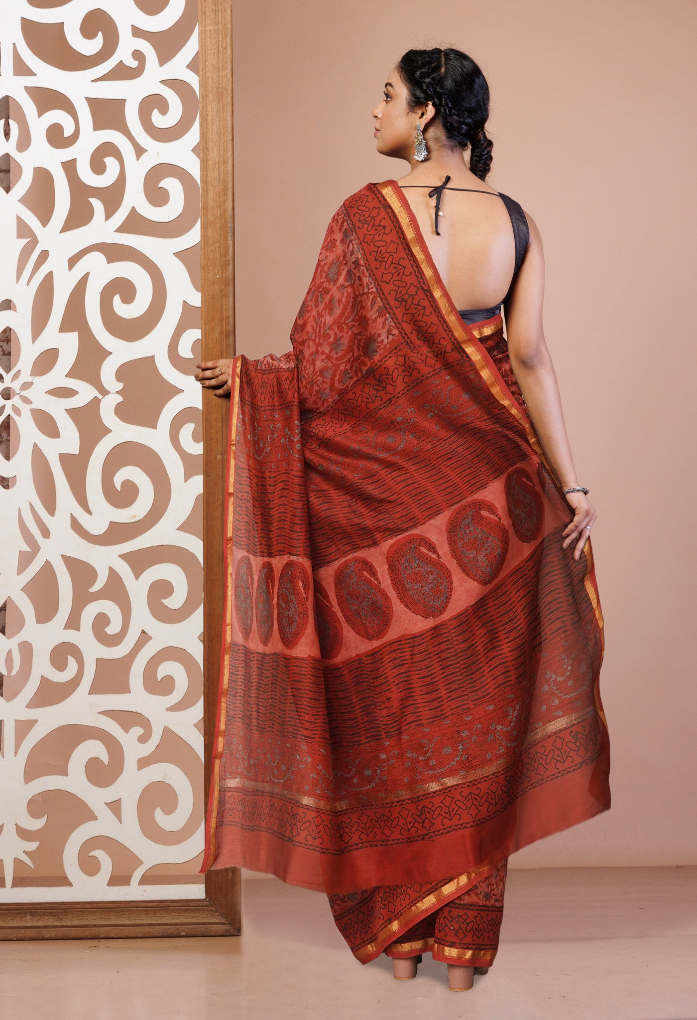 Red Pure Vanaspathi Block Printed Chanderi Sico Saree-UNM81652