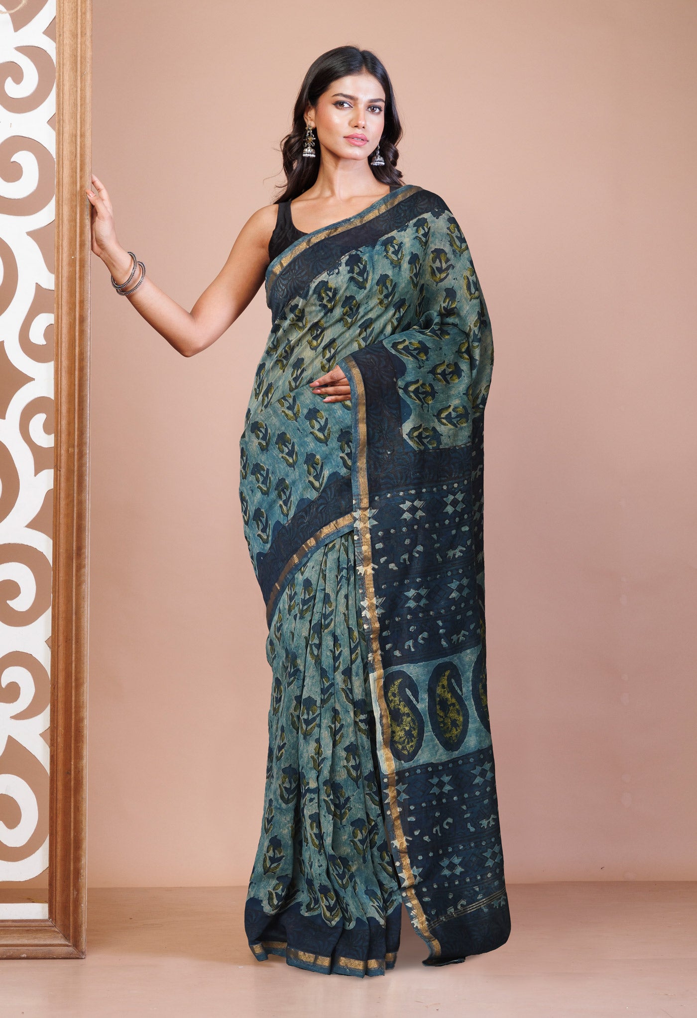 Blue Pure Vanaspathi Block Printed Chanderi Sico Saree-UNM81653