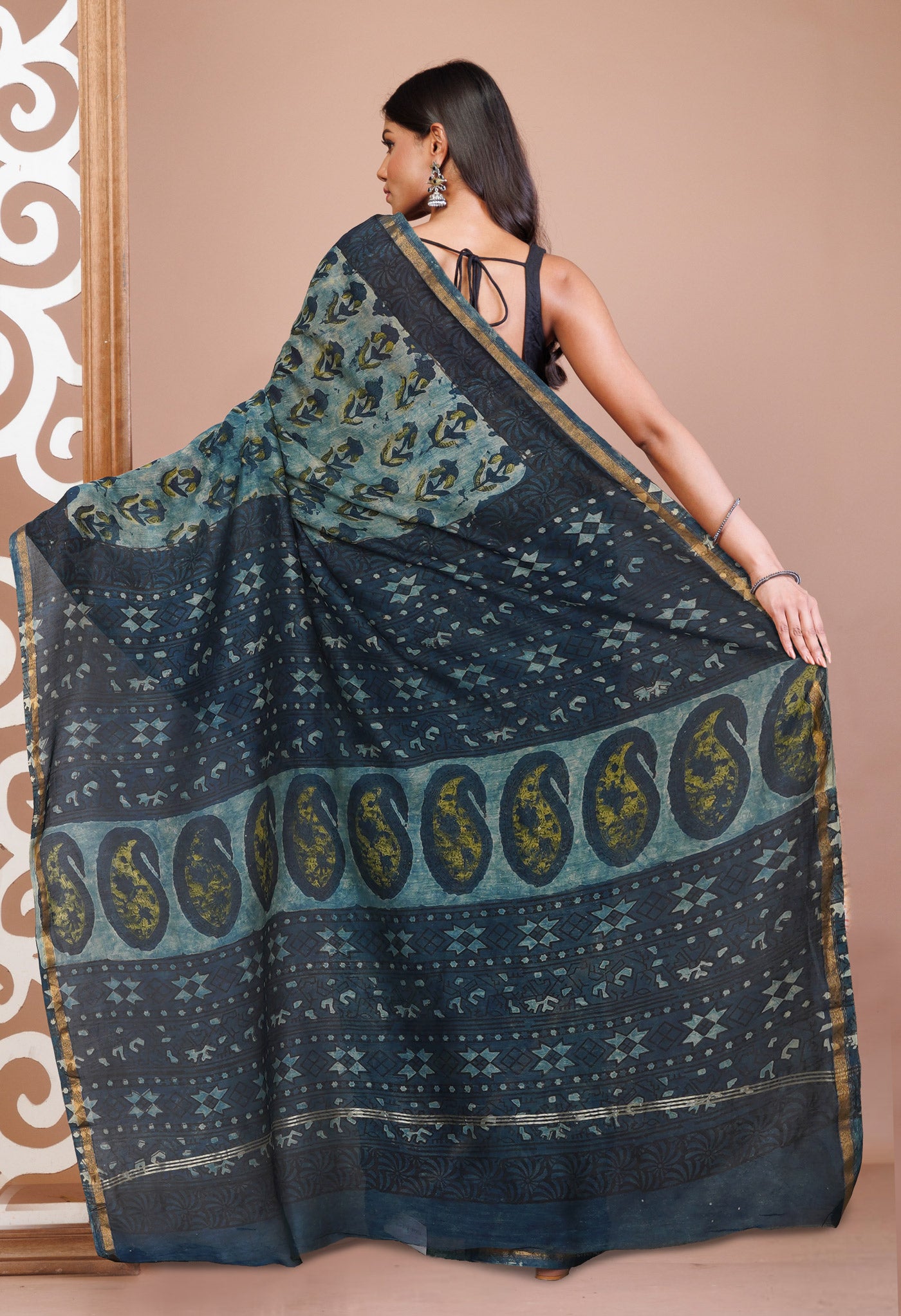 Blue Pure Vanaspathi Block Printed Chanderi Sico Saree-UNM81653