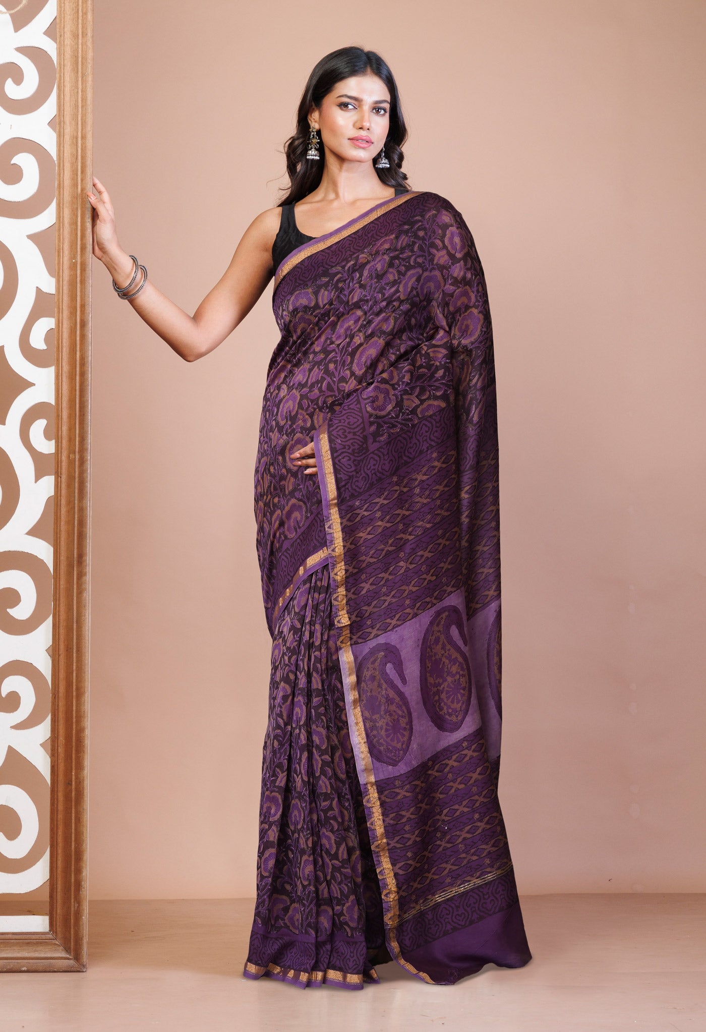 Violet Pure Vanaspathi Block Printed Chanderi Sico Saree-UNM81655