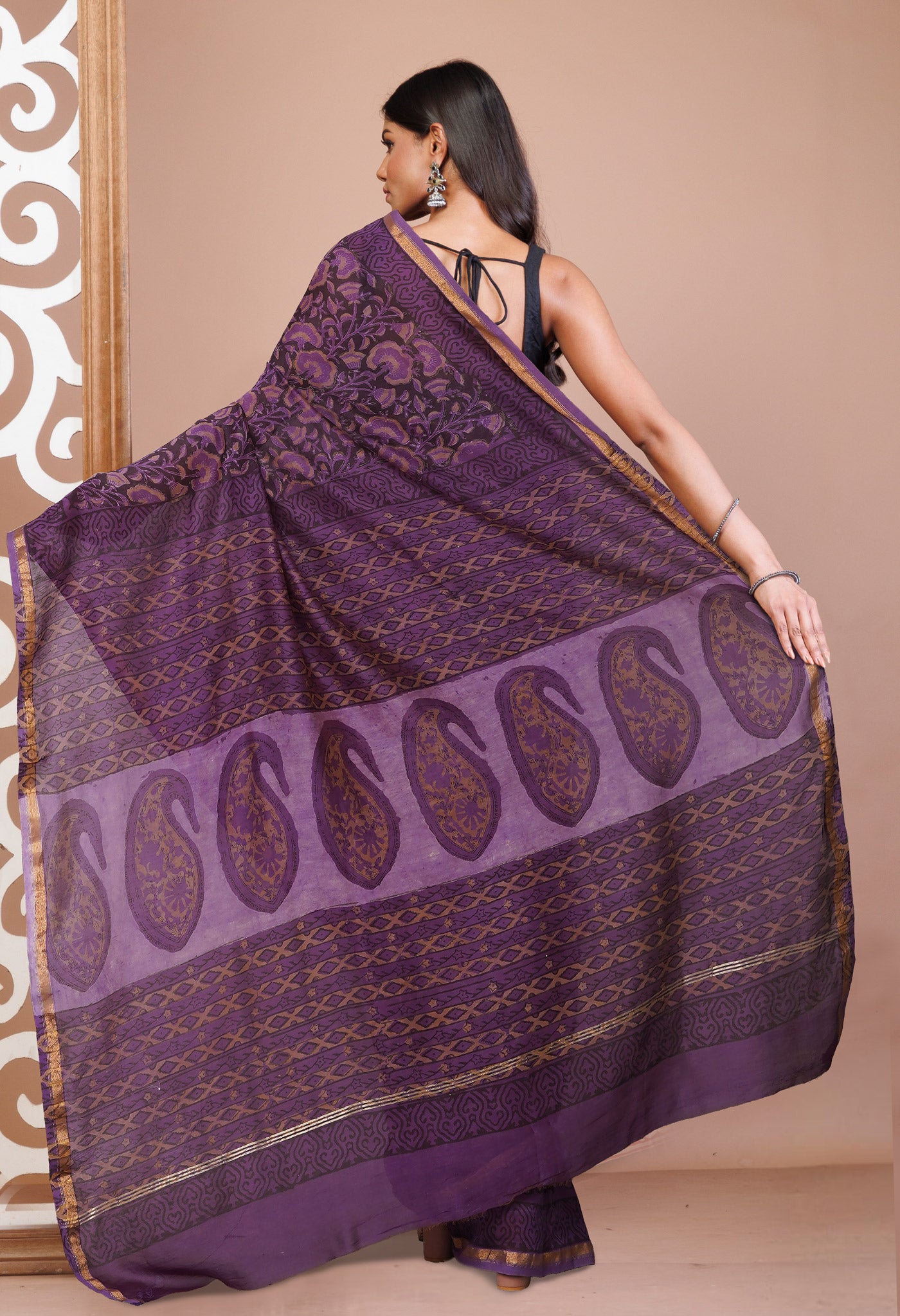 Violet Pure Vanaspathi Block Printed Chanderi Sico Saree-UNM81655