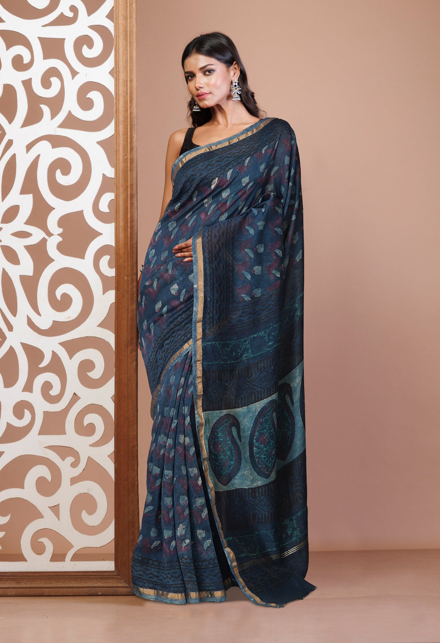 Blue Pure Vanaspathi Block Printed Chanderi Sico Saree-UNM81656