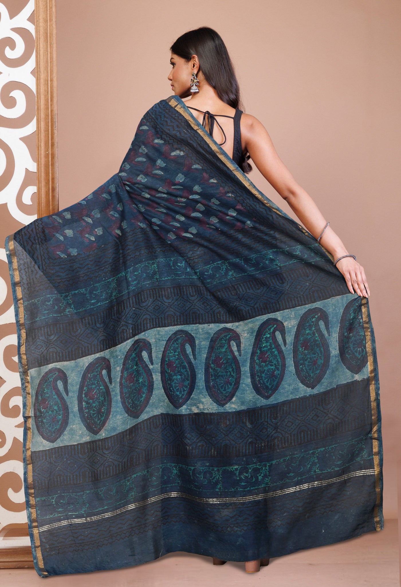 Blue Pure Vanaspathi Block Printed Chanderi Sico Saree-UNM81656