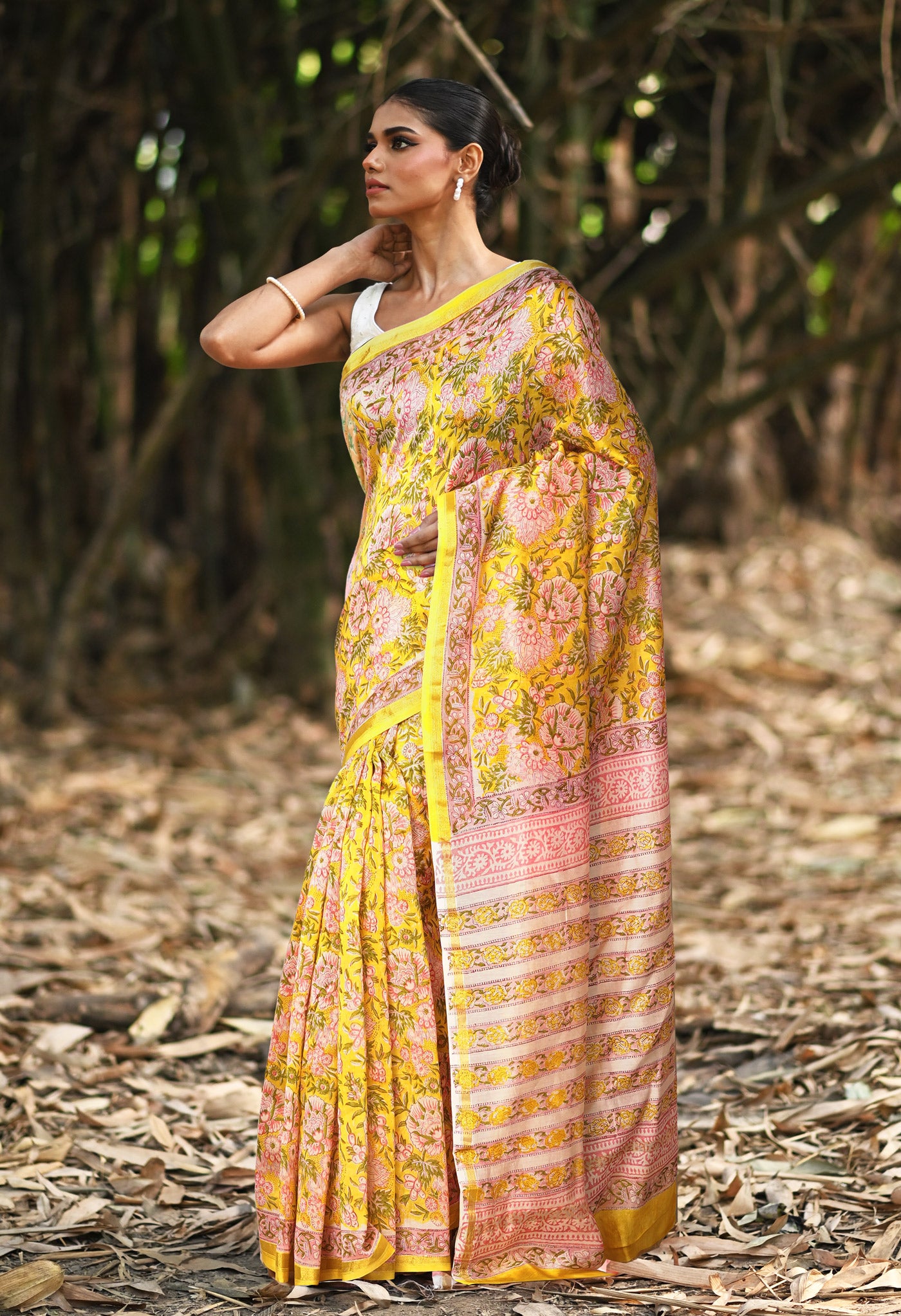 Yellow Pure Hand Block Printed Chanderi Sico Saree-UNM81657