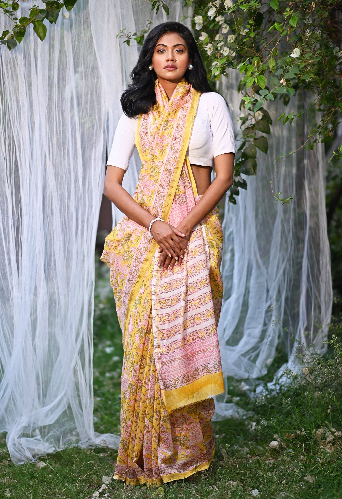 Yellow Pure Hand Block Printed Chanderi Sico Saree-UNM81657