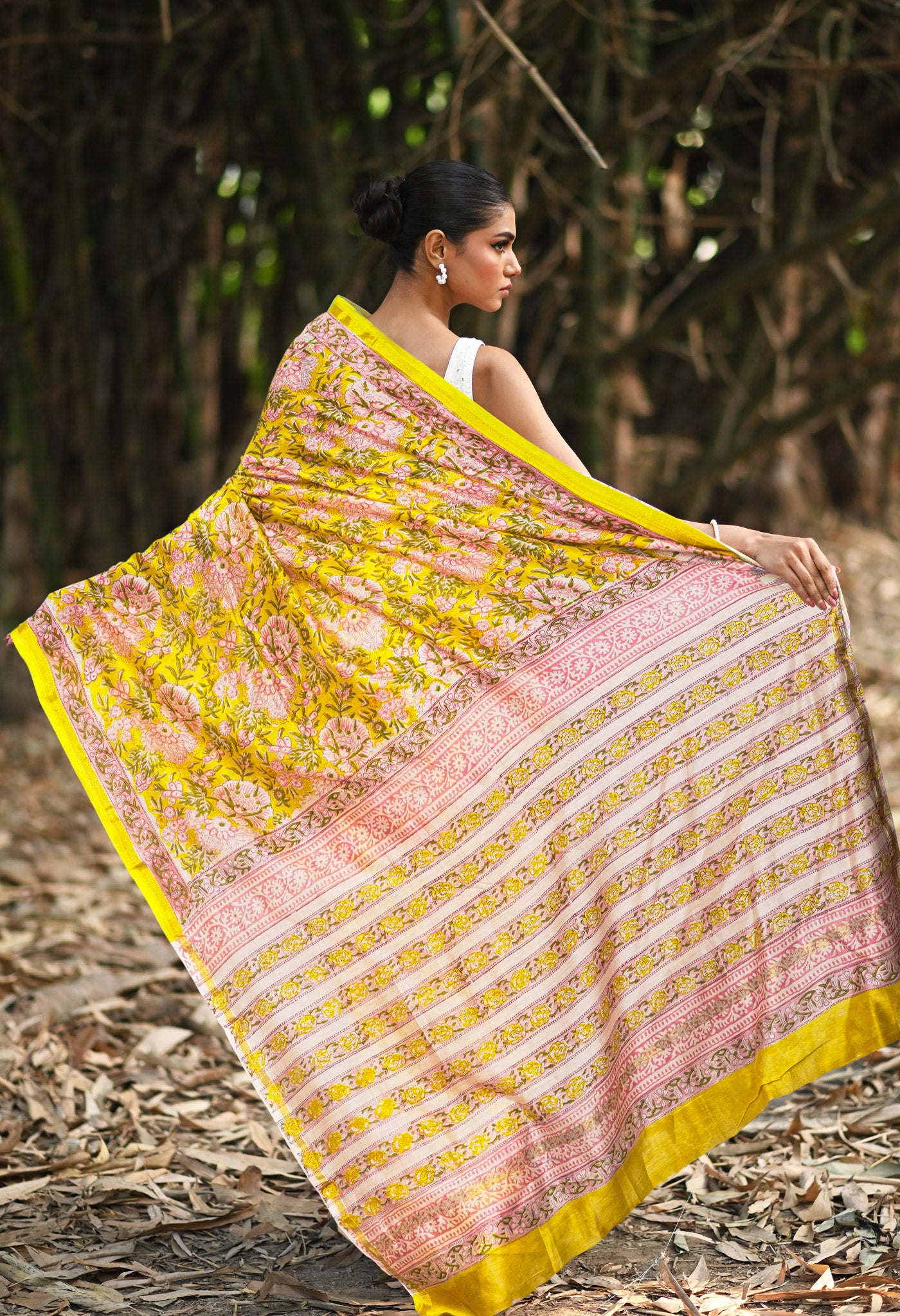 Yellow Pure Hand Block Printed Chanderi Sico Saree-UNM81657