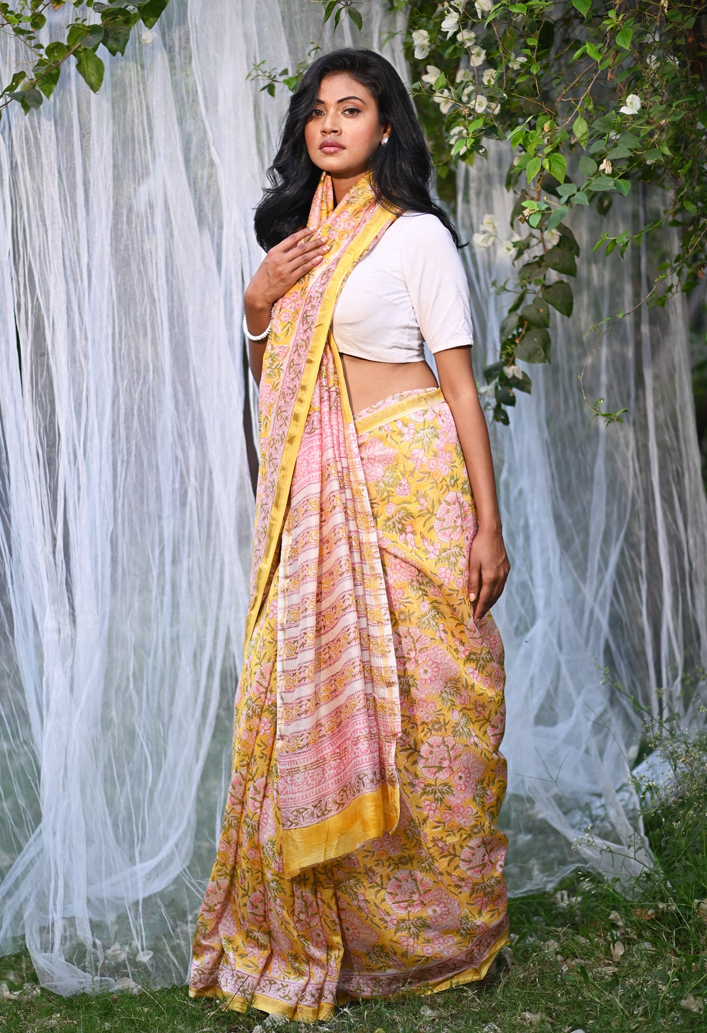 Yellow Pure Hand Block Printed Chanderi Sico Saree-UNM81657