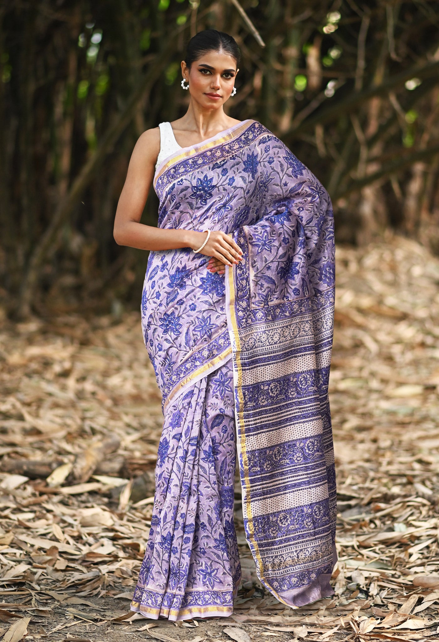 Blue Pure Hand Block Printed Chanderi Sico Saree-UNM81658