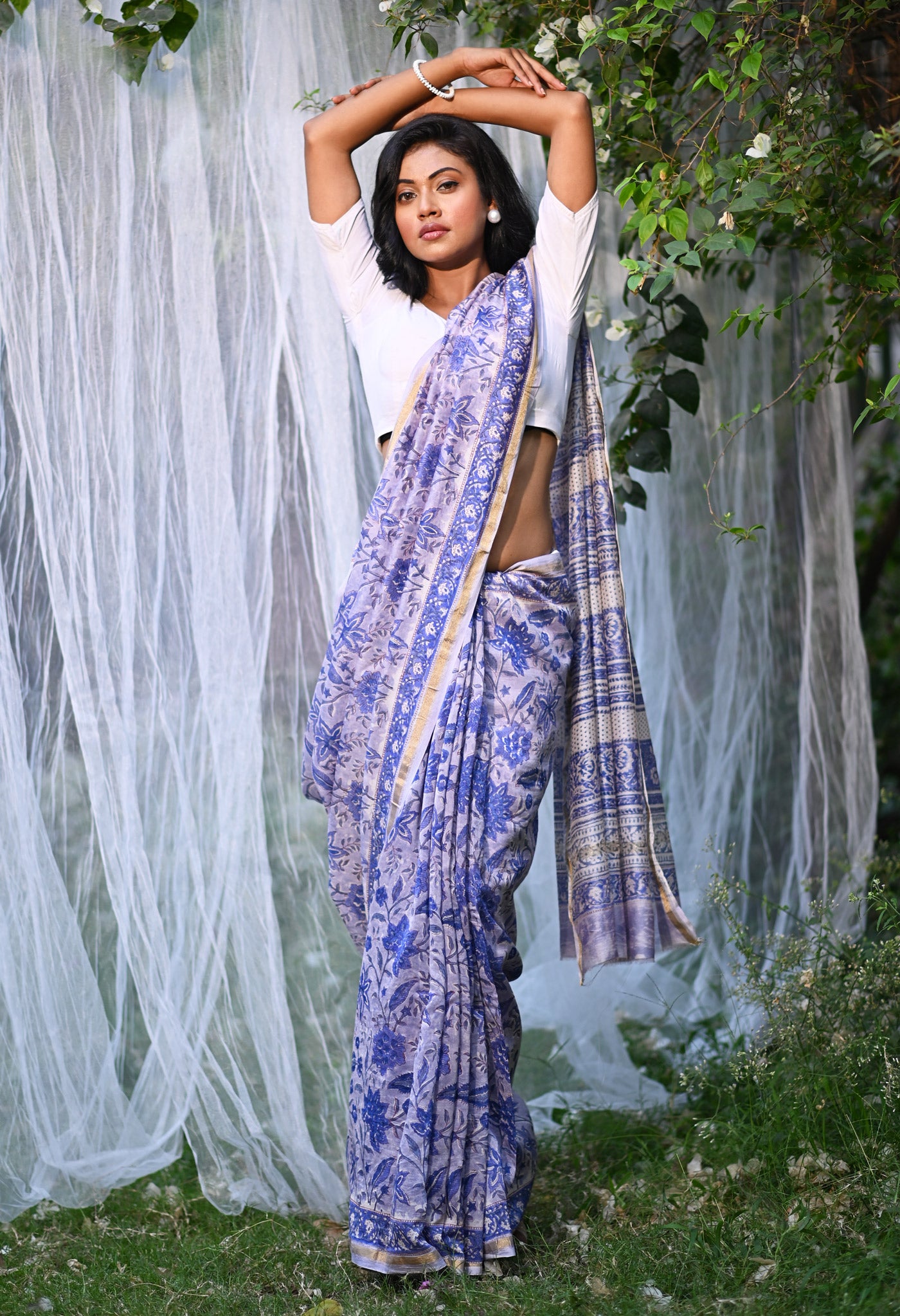 Blue Pure Hand Block Printed Chanderi Sico Saree-UNM81658