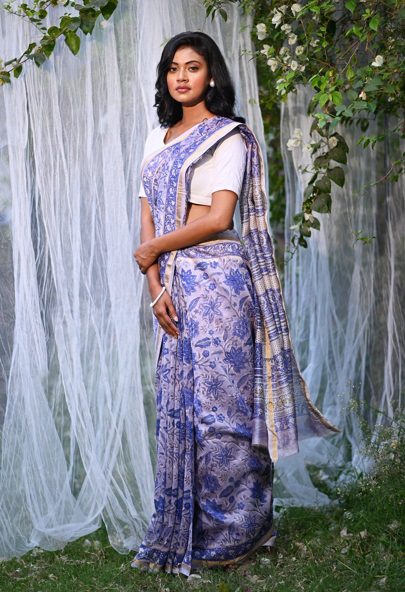 Blue Pure Hand Block Printed Chanderi Sico Saree-UNM81658