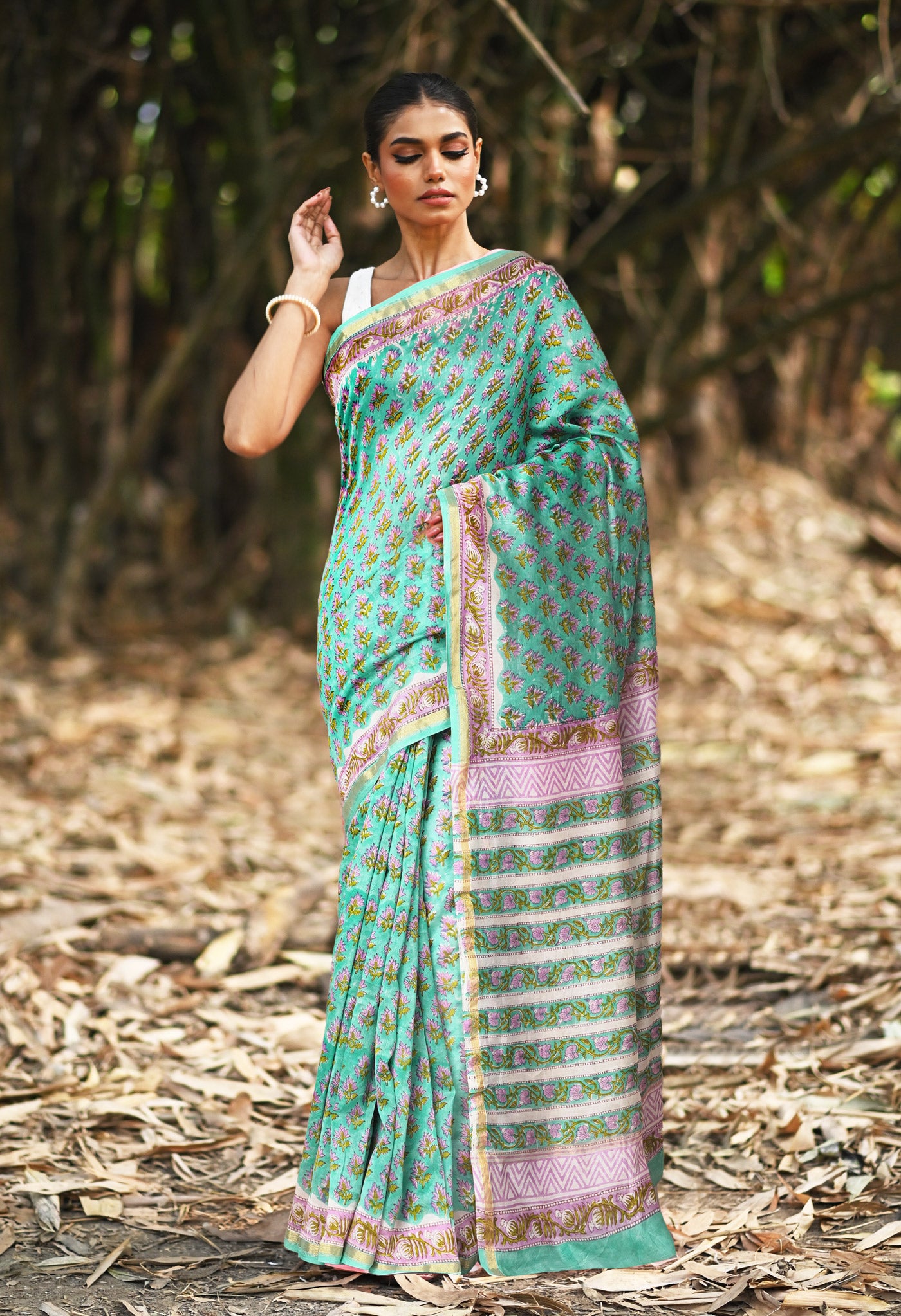 Turquoise Green Pure Hand Block Printed Chanderi Sico Saree-UNM81659