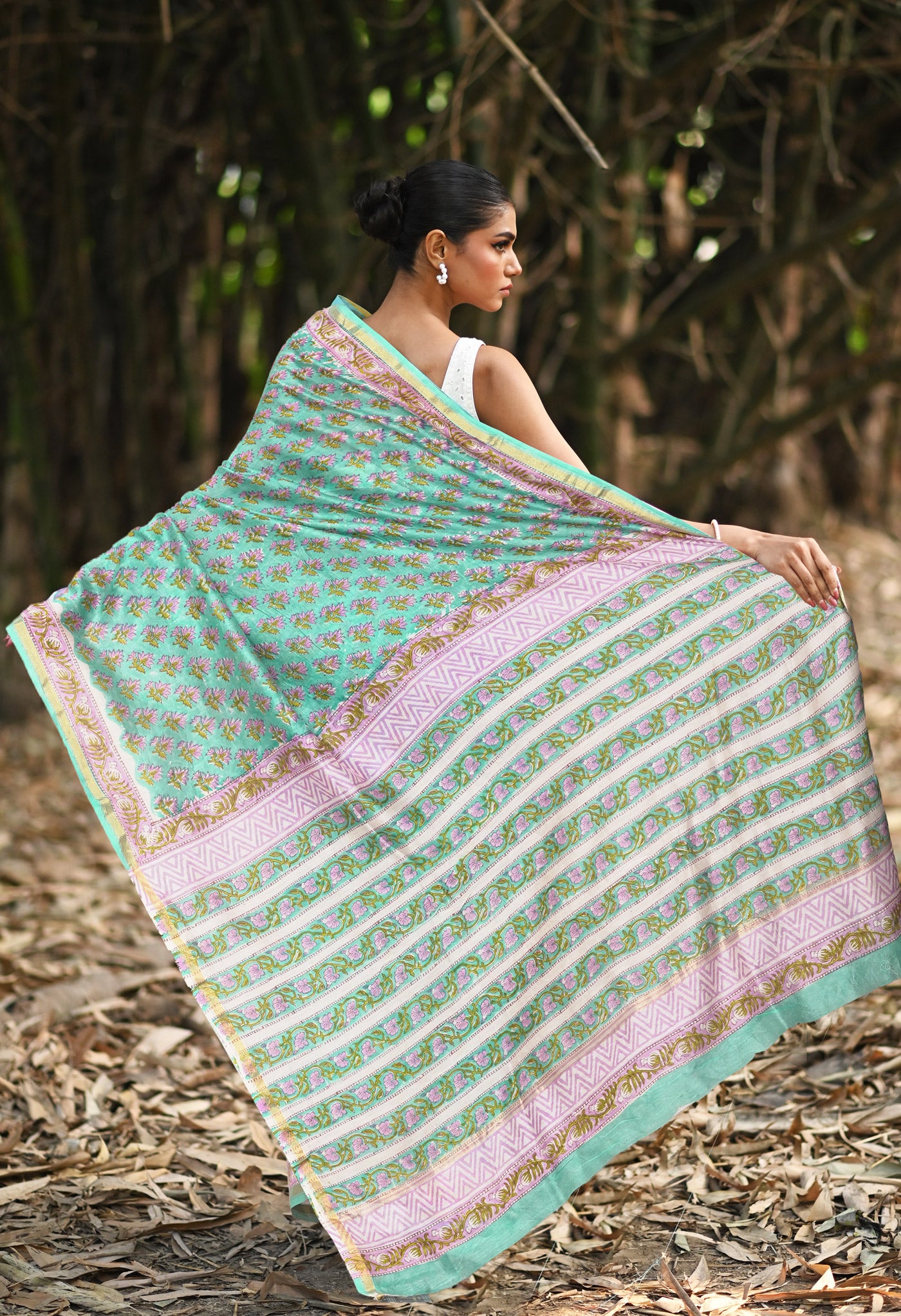 Turquoise Green Pure Hand Block Printed Chanderi Sico Saree-UNM81659