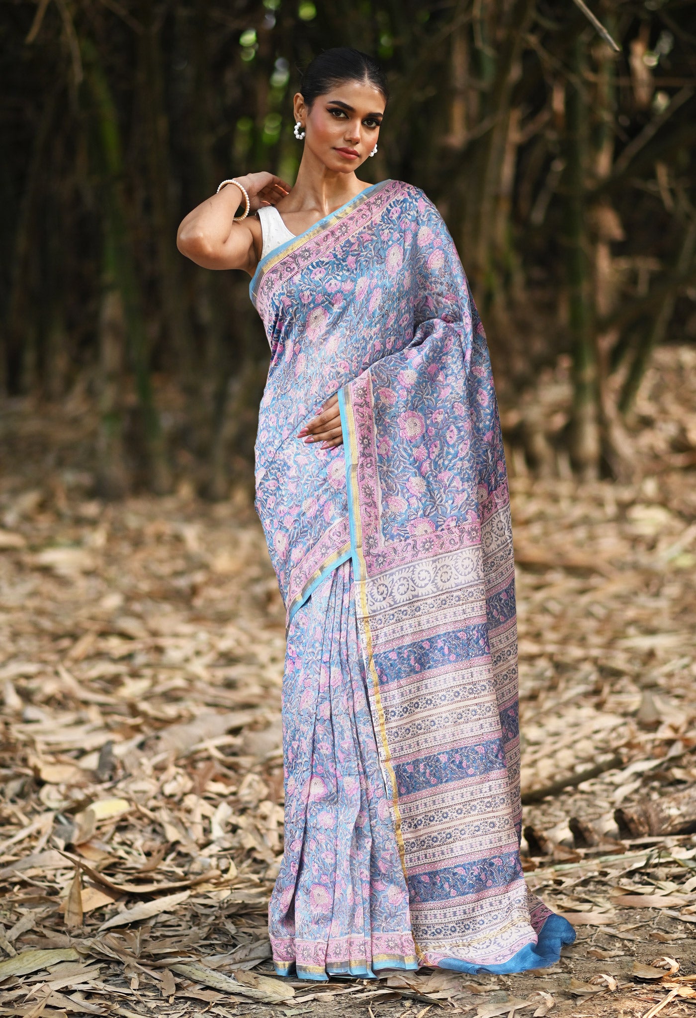 Blue Pure Hand Block Printed Chanderi Sico Saree-UNM81660