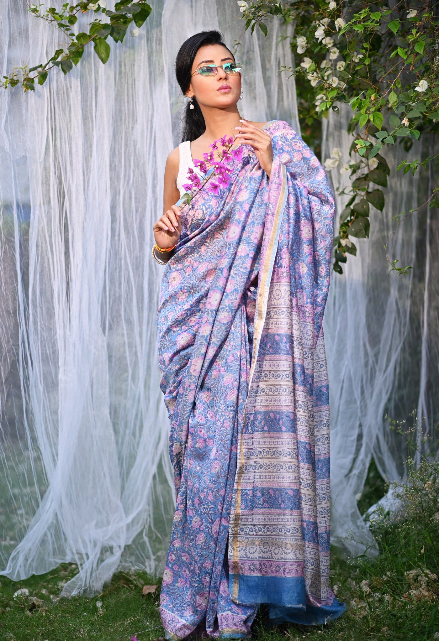 Blue Pure Hand Block Printed Chanderi Sico Saree-UNM81660