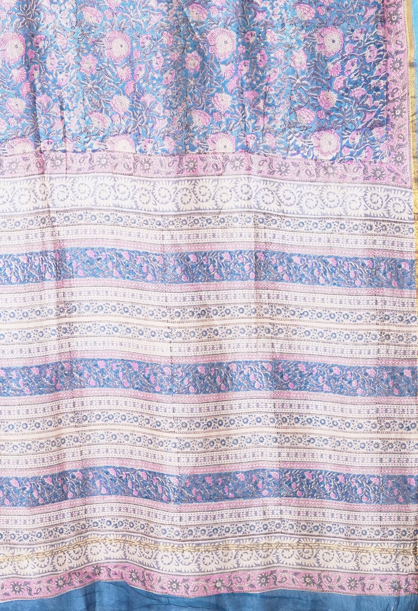 Blue Pure Hand Block Printed Chanderi Sico Saree-UNM81660