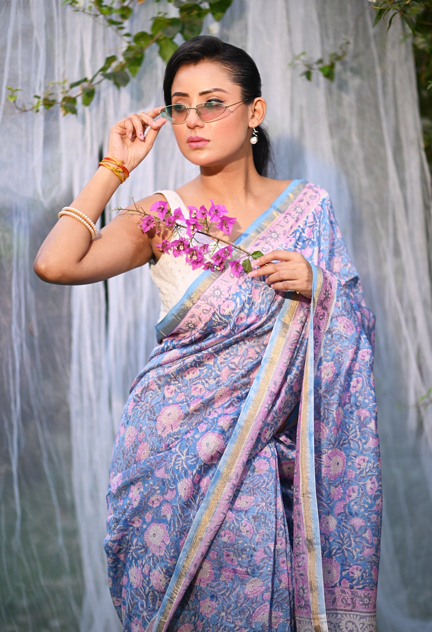 Blue Pure Hand Block Printed Chanderi Sico Saree-UNM81660