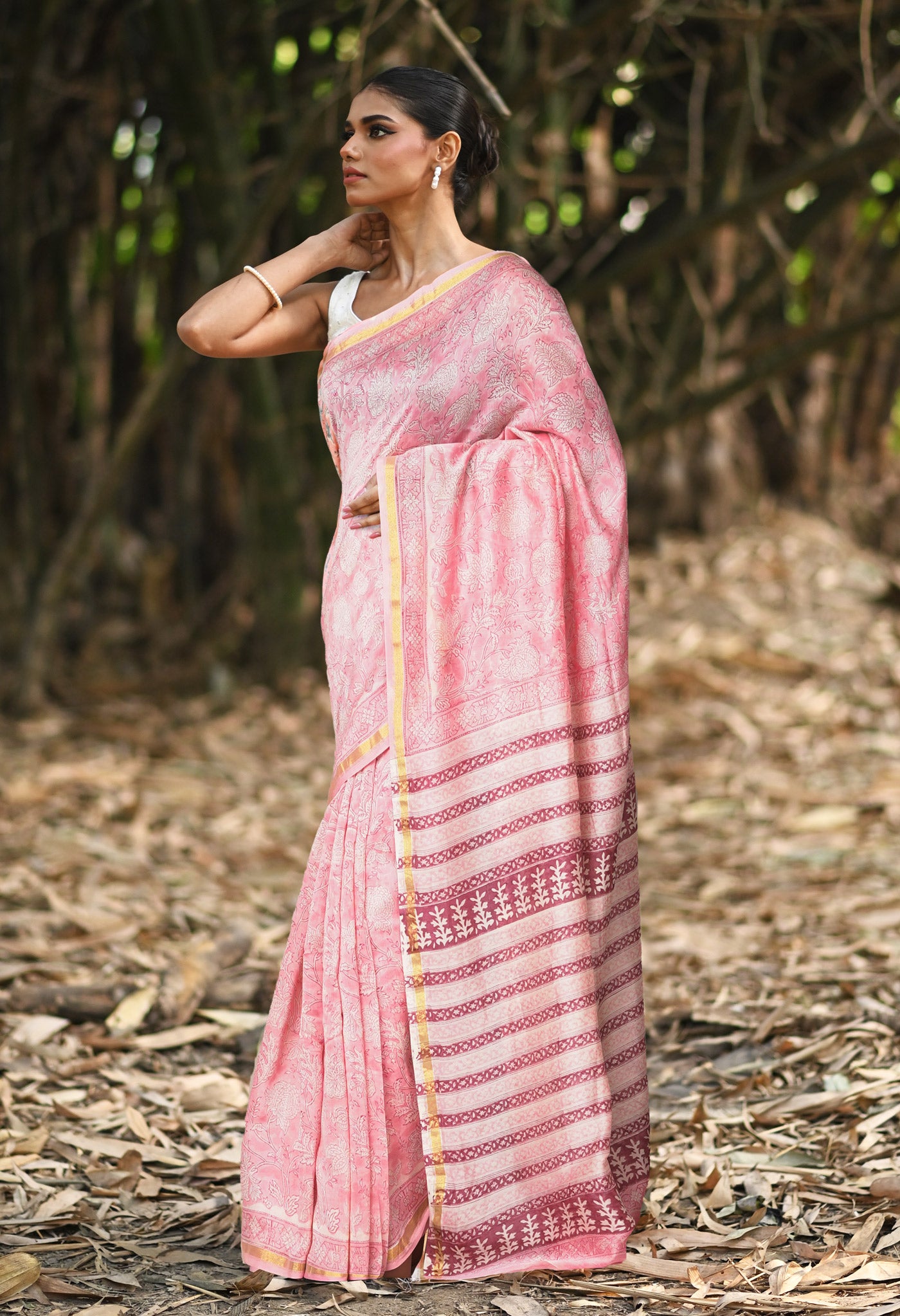 Pink Pure Hand Block Printed Chanderi Sico Saree-UNM81661