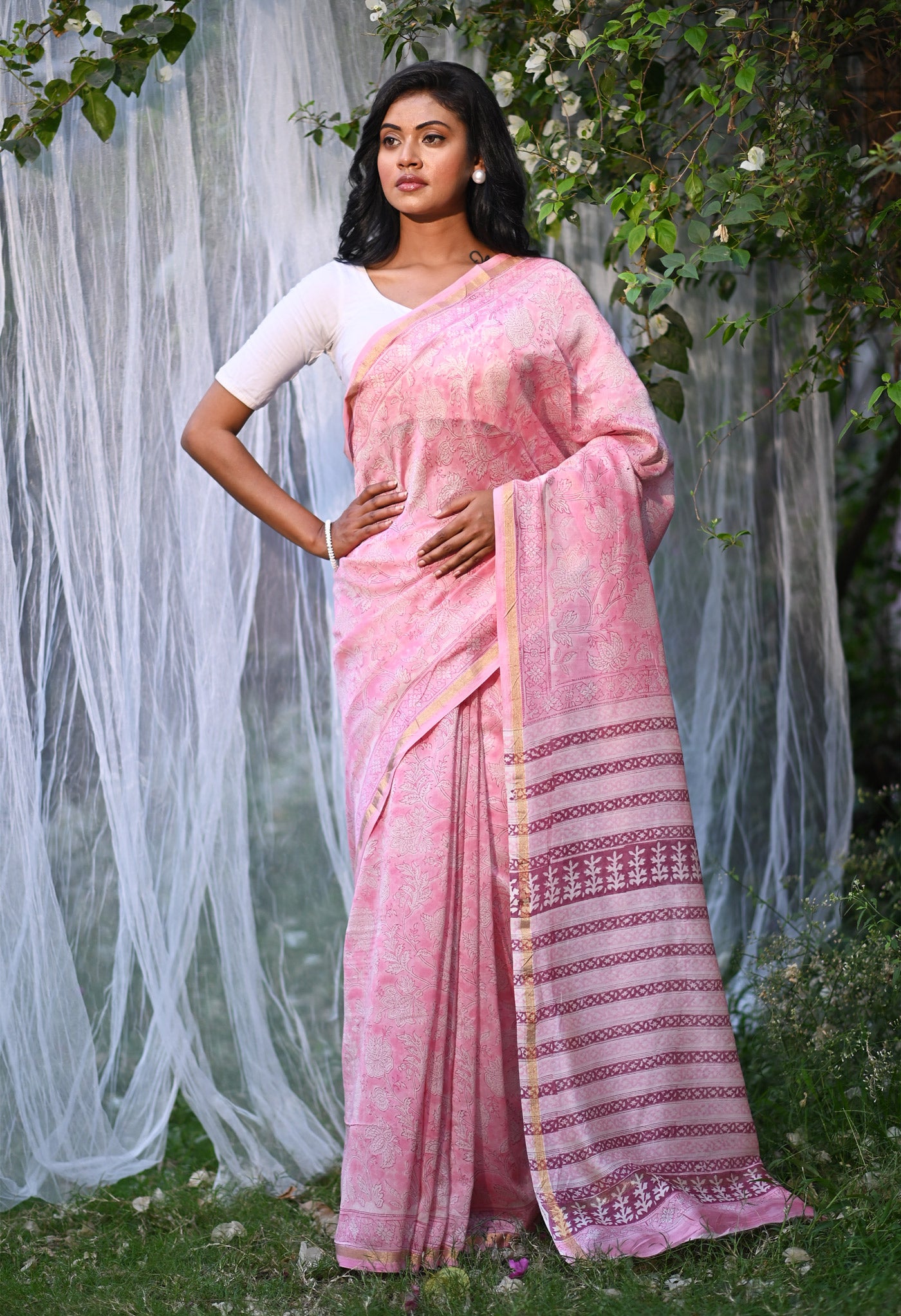 Pink Pure Hand Block Printed Chanderi Sico Saree-UNM81661