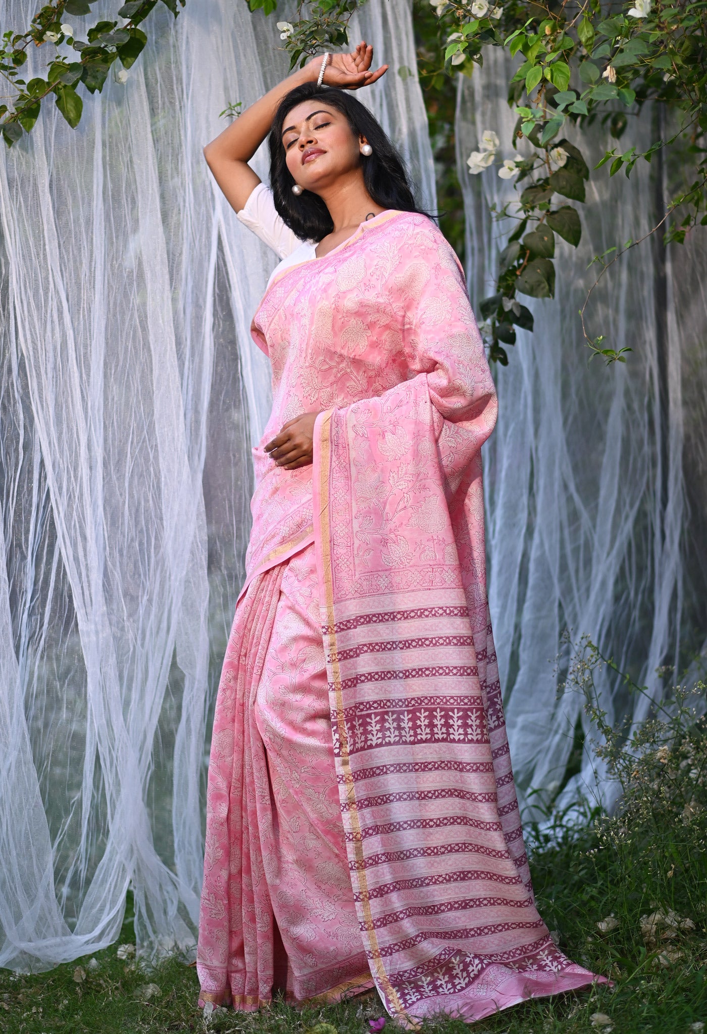 Pink Pure Hand Block Printed Chanderi Sico Saree-UNM81661