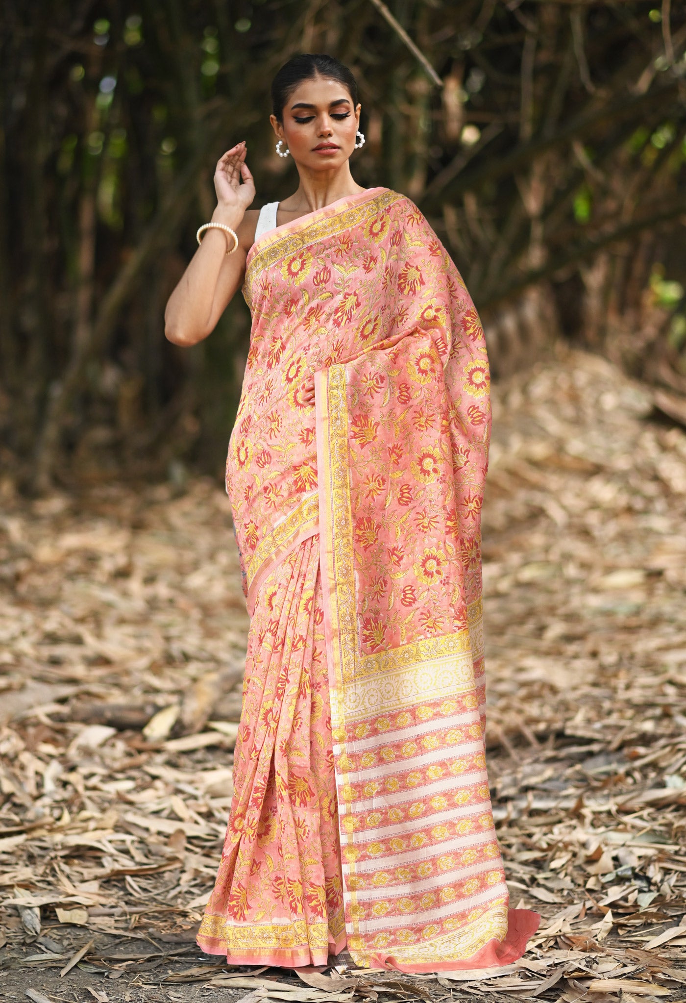 Coral Pink Pure Hand Block Printed Chanderi Sico Saree-UNM81662