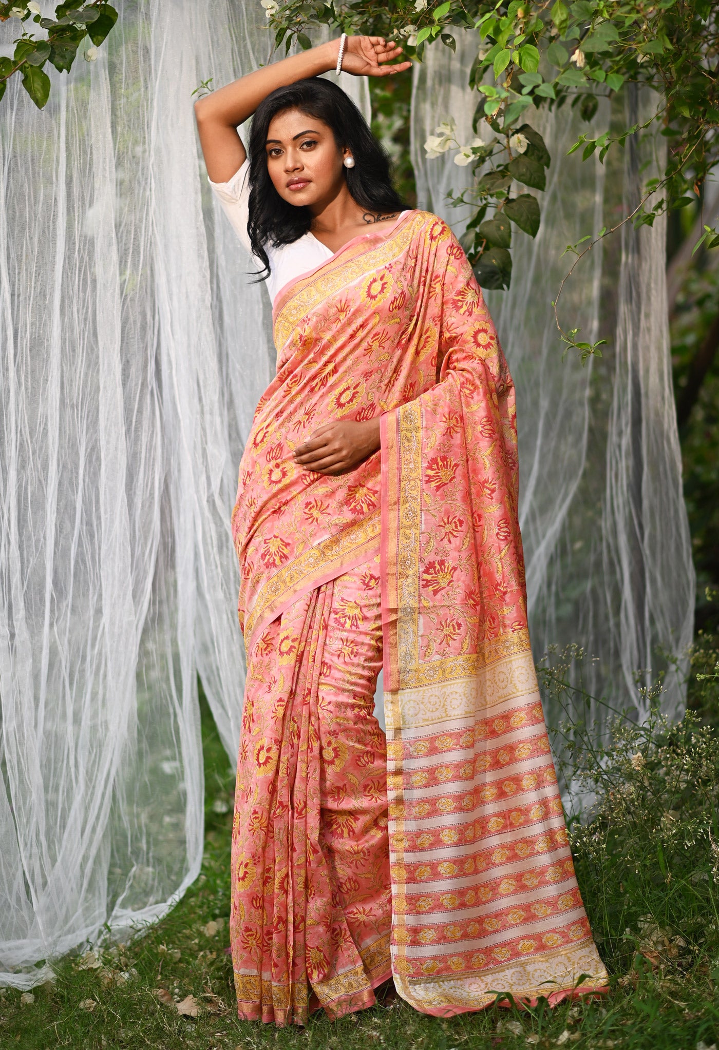 Coral Pink Pure Hand Block Printed Chanderi Sico Saree-UNM81662