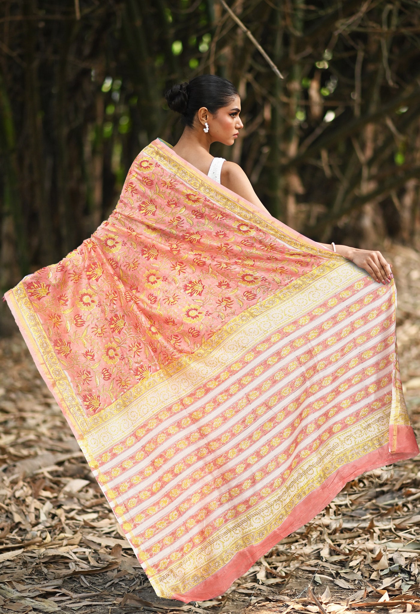 Coral Pink Pure Hand Block Printed Chanderi Sico Saree-UNM81662