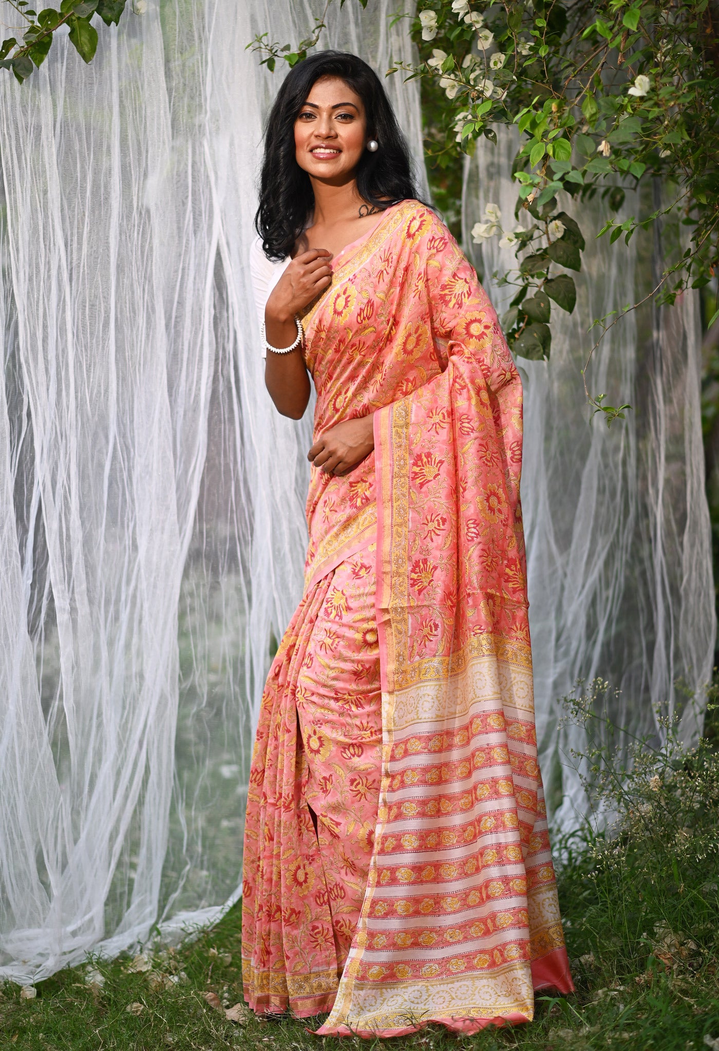 Coral Pink Pure Hand Block Printed Chanderi Sico Saree-UNM81662