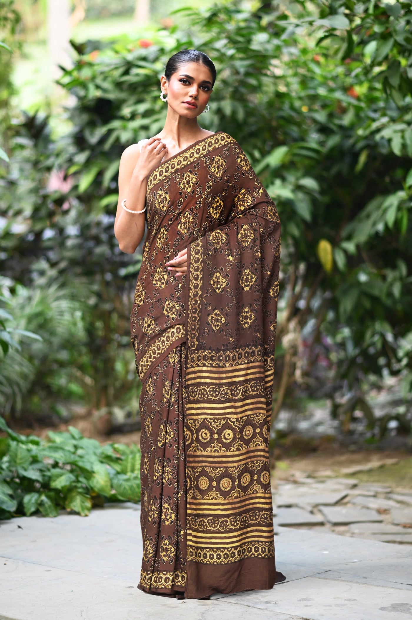 Brown Pure Ajrakh Printed Georgette Soft Silk Saree-UNM81669