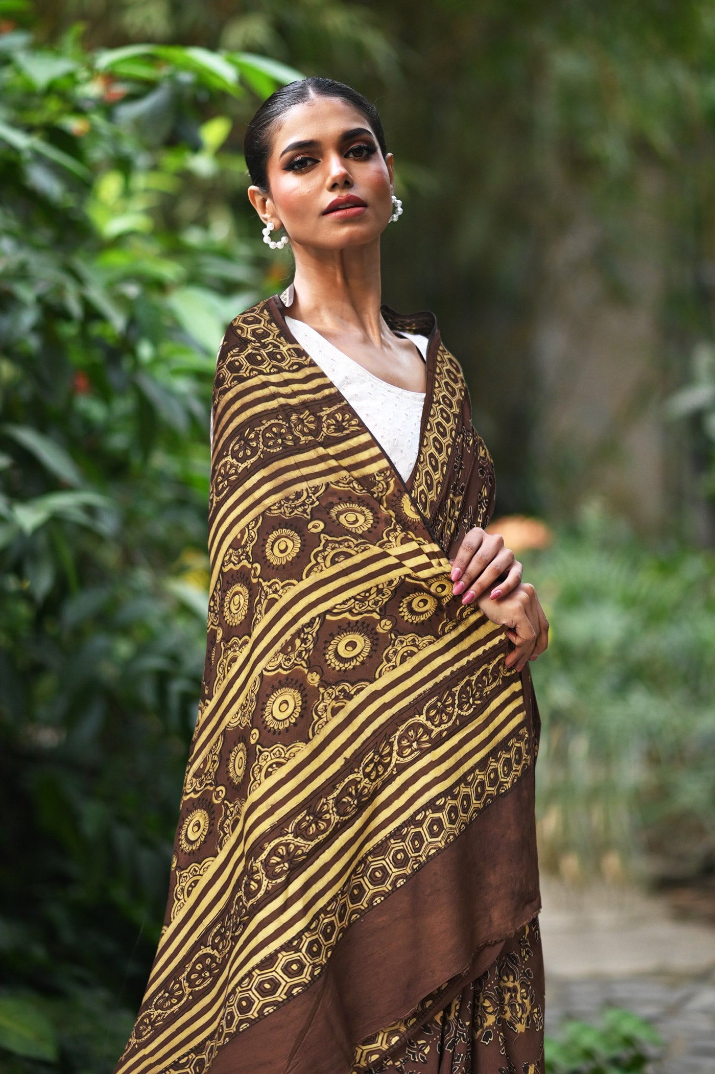 Brown Pure Ajrakh Printed Georgette Soft Silk Saree-UNM81669