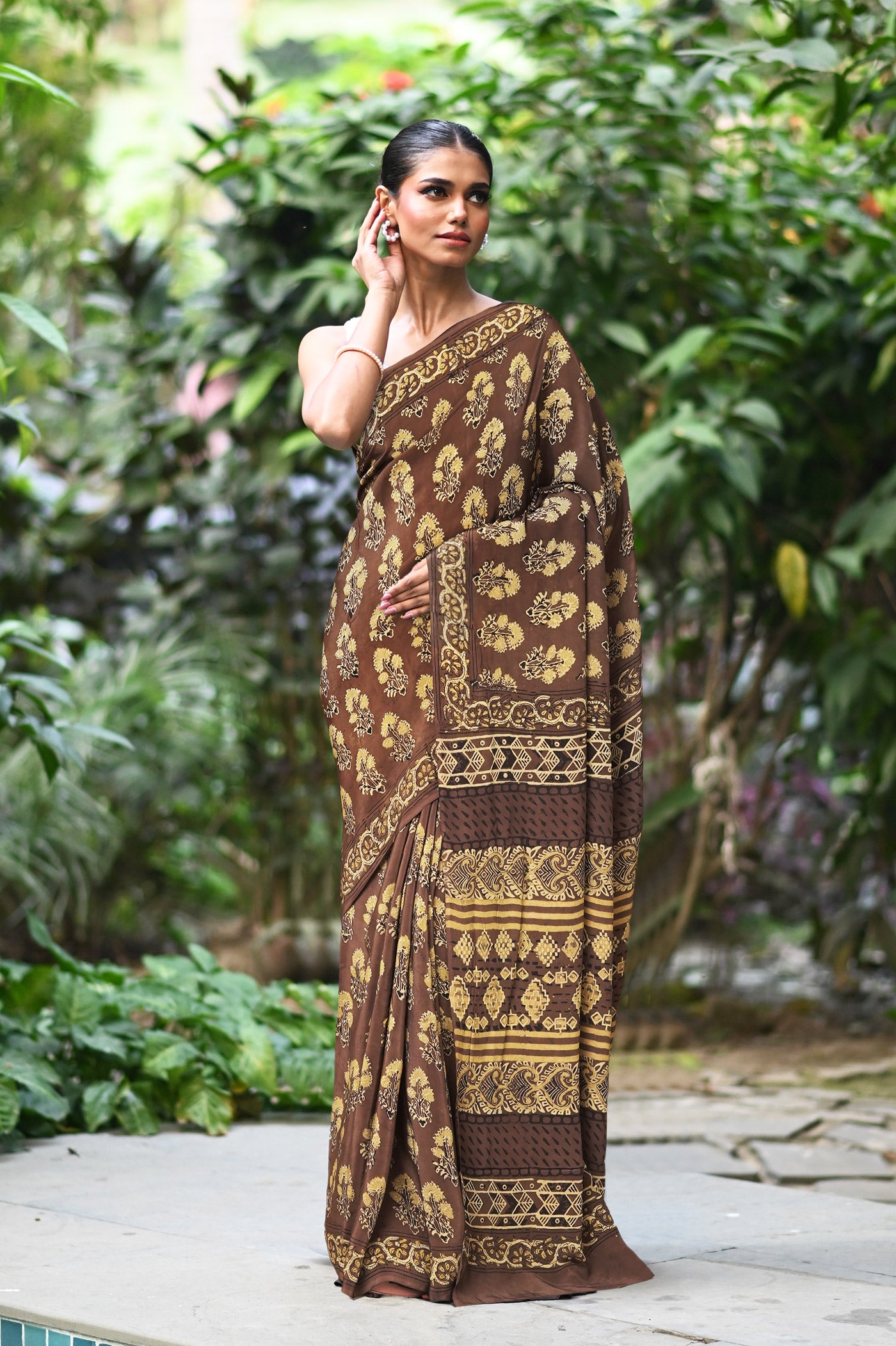 Brown Pure Ajrakh Printed Georgette Soft Silk Saree-UNM81672