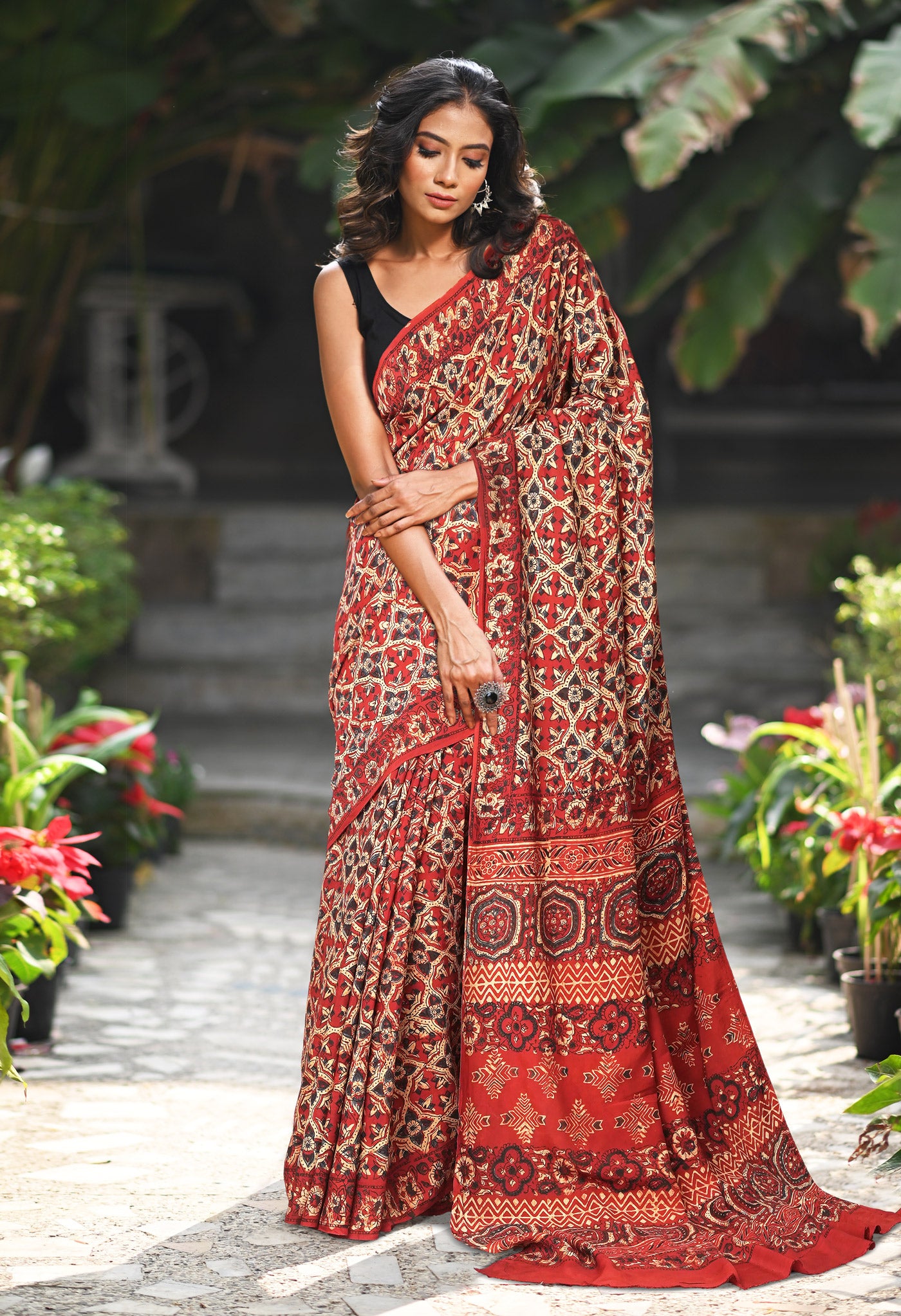 Red Pure Ajrakh Printed Soft Silk Saree-UNM81673