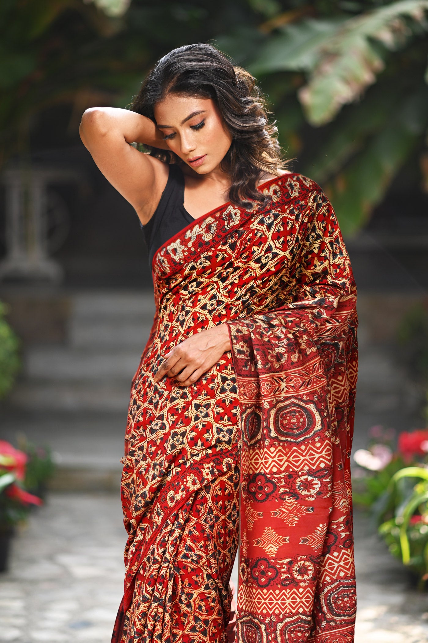 Red Pure Ajrakh Printed Soft Silk Saree-UNM81673