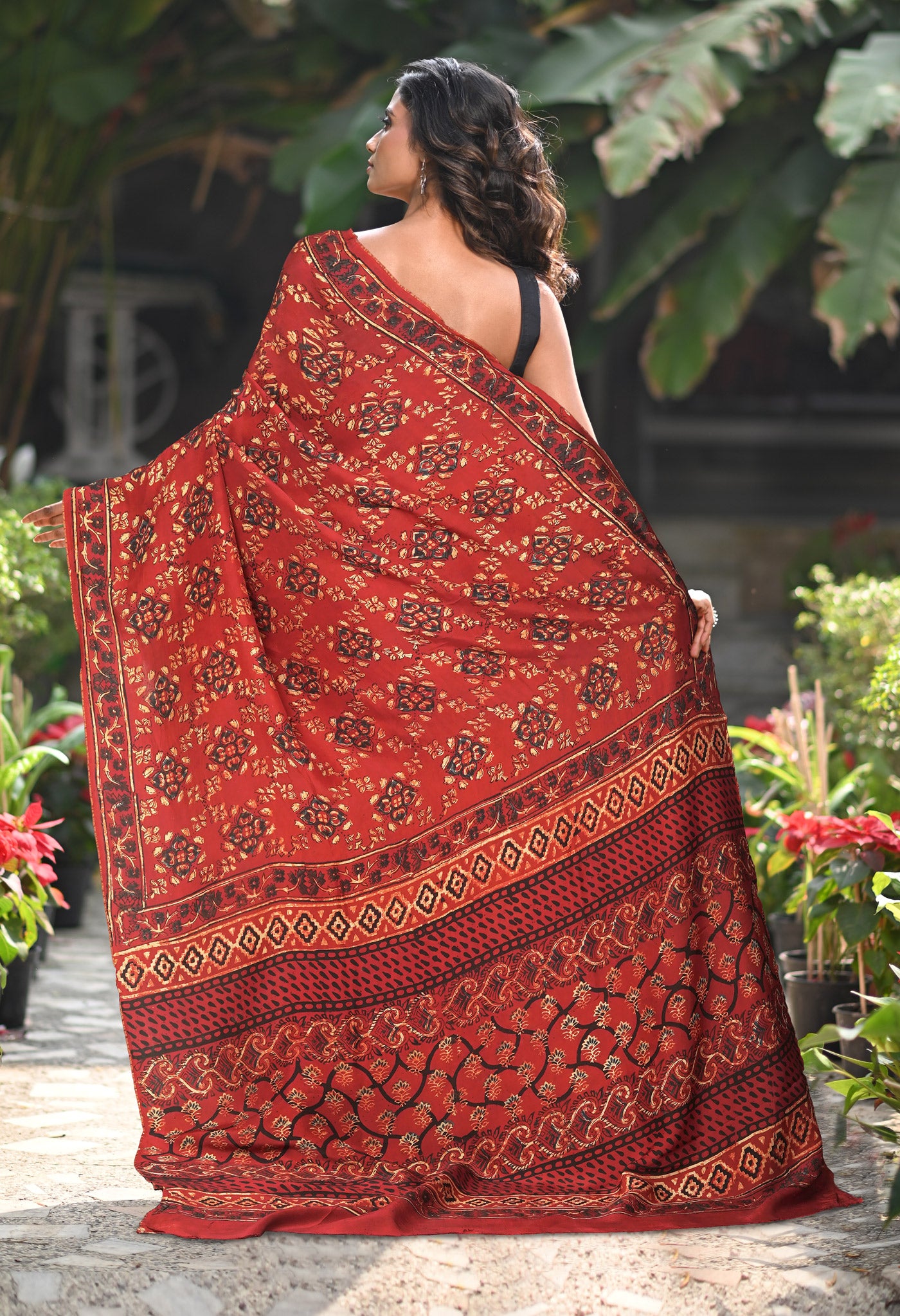 Red Pure Ajrakh Printed Soft Silk Saree-UNM81675