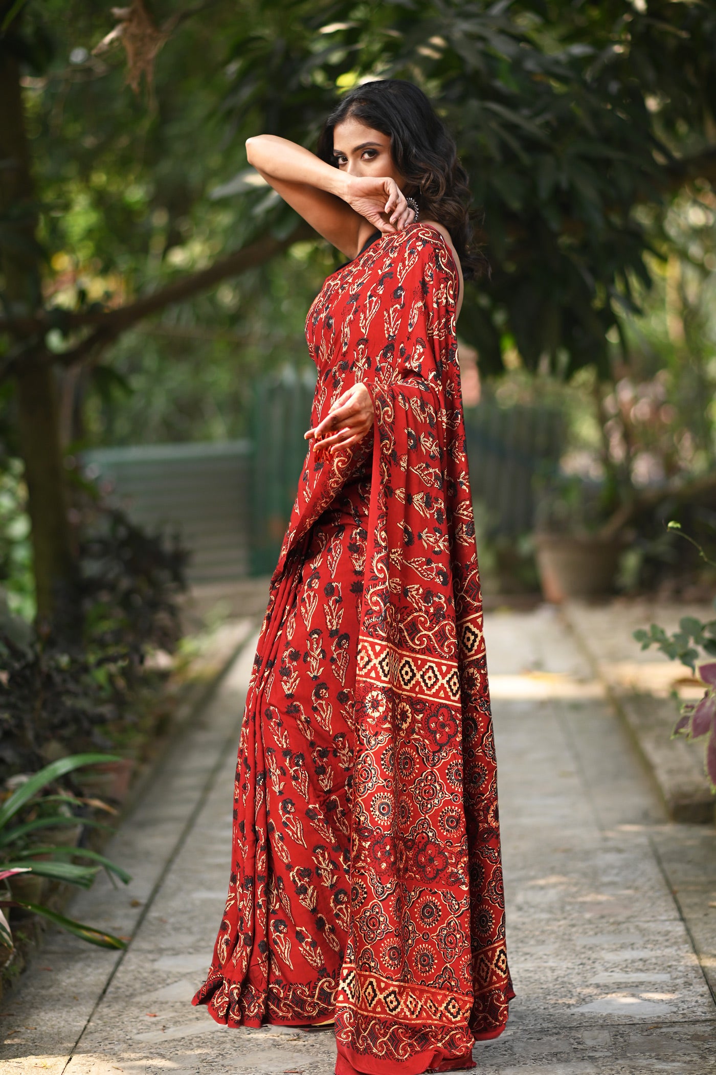 Red Pure Ajrakh Printed Soft Silk Saree-UNM81676