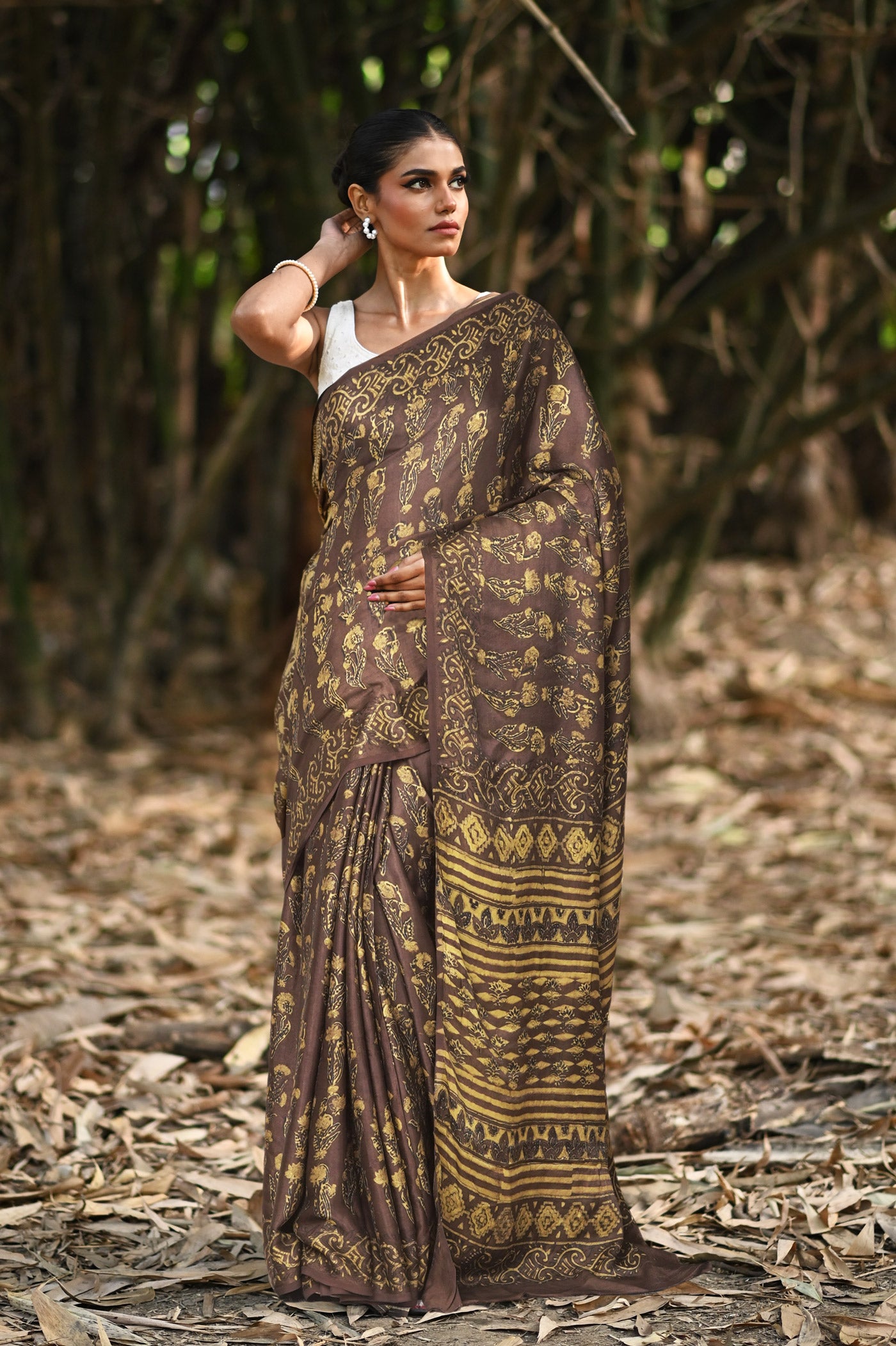 Grey Pure Ajrakh Printed Soft Silk Saree-UNM81677