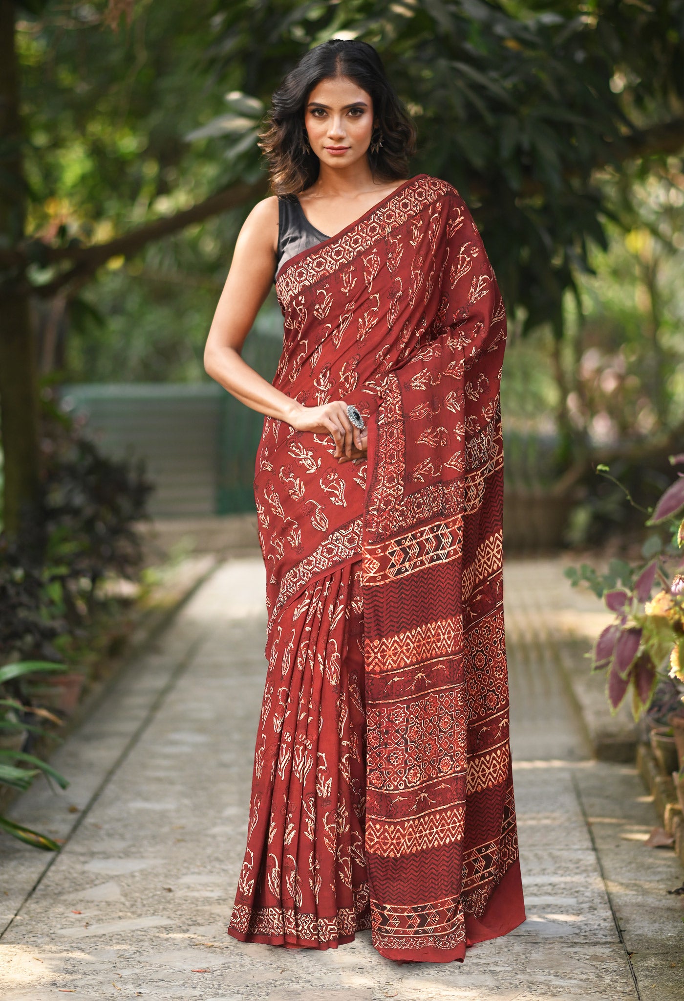 Maroon Pure Ajrakh Printed Soft Silk Saree-UNM81678