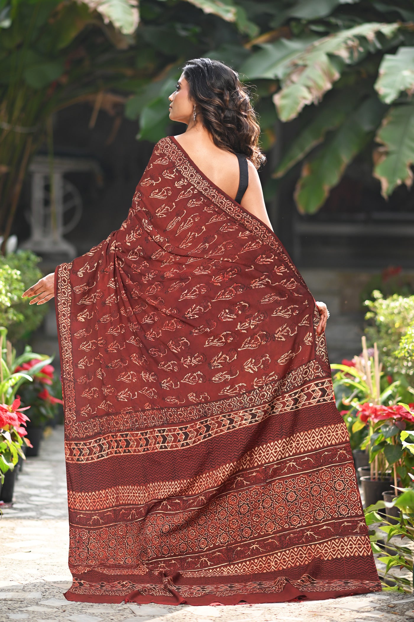 Maroon Pure Ajrakh Printed Soft Silk Saree-UNM81678