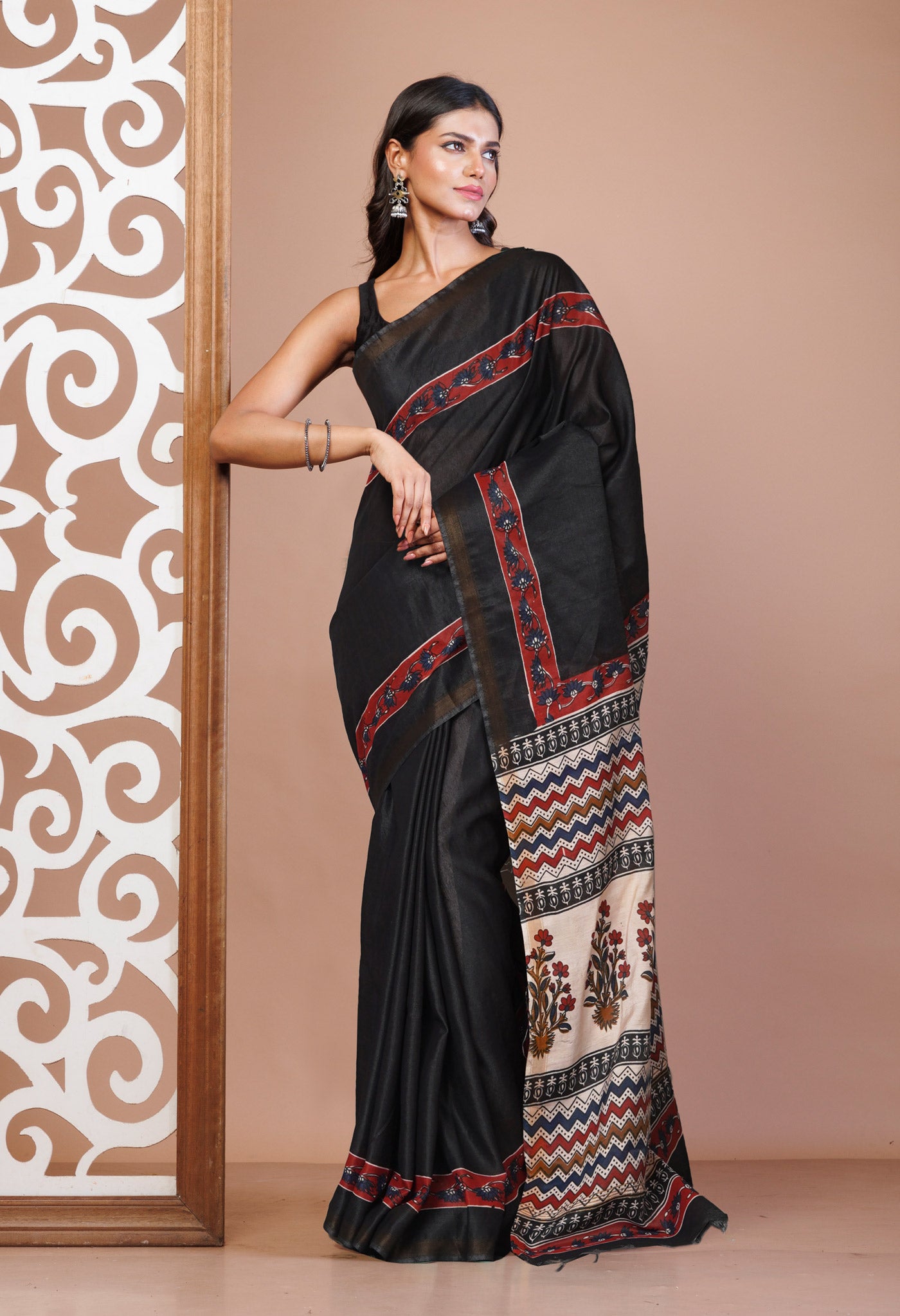 Black Pure  Hand Block Printed Pashmina Sico Saree-UNM81618