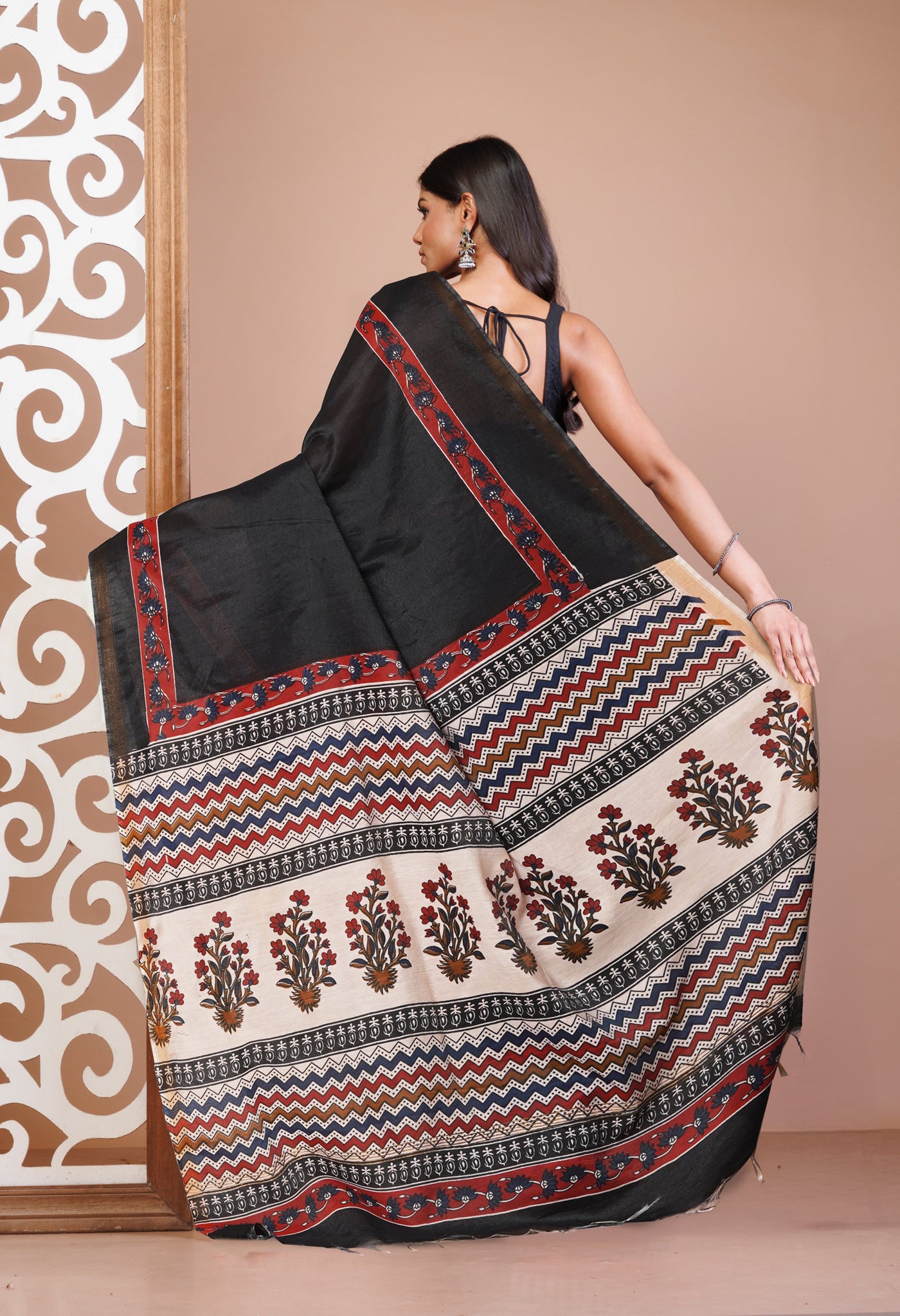 Black Pure  Hand Block Printed Pashmina Sico Saree-UNM81618