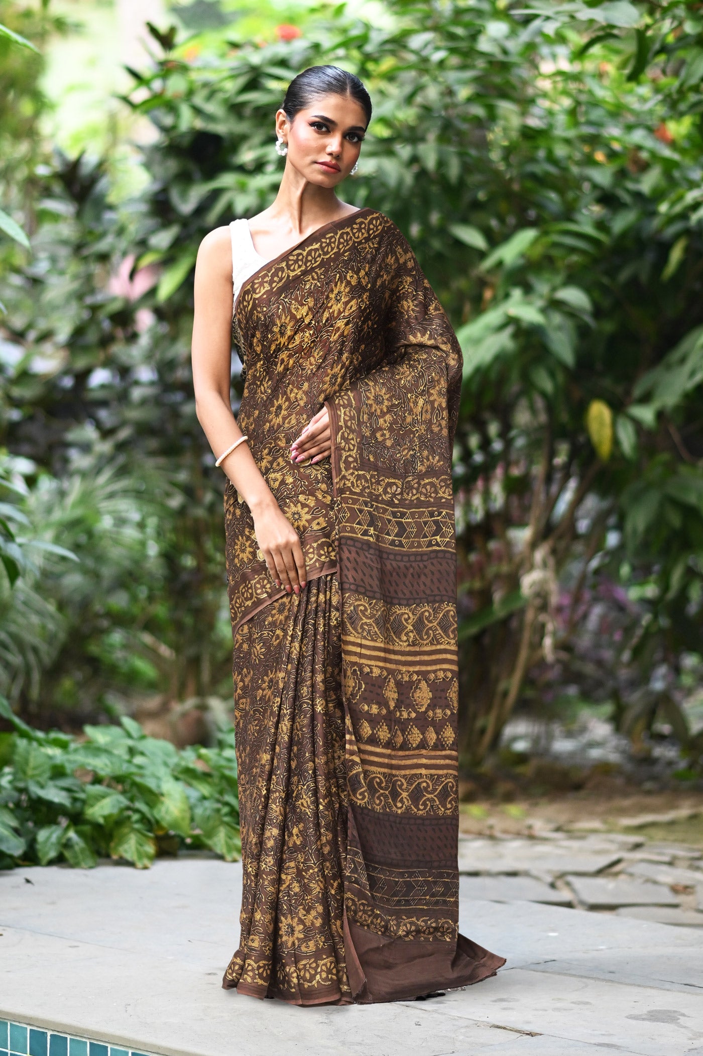 Brown Pure Ajrakh Printed Soft Silk Saree-UNM81685