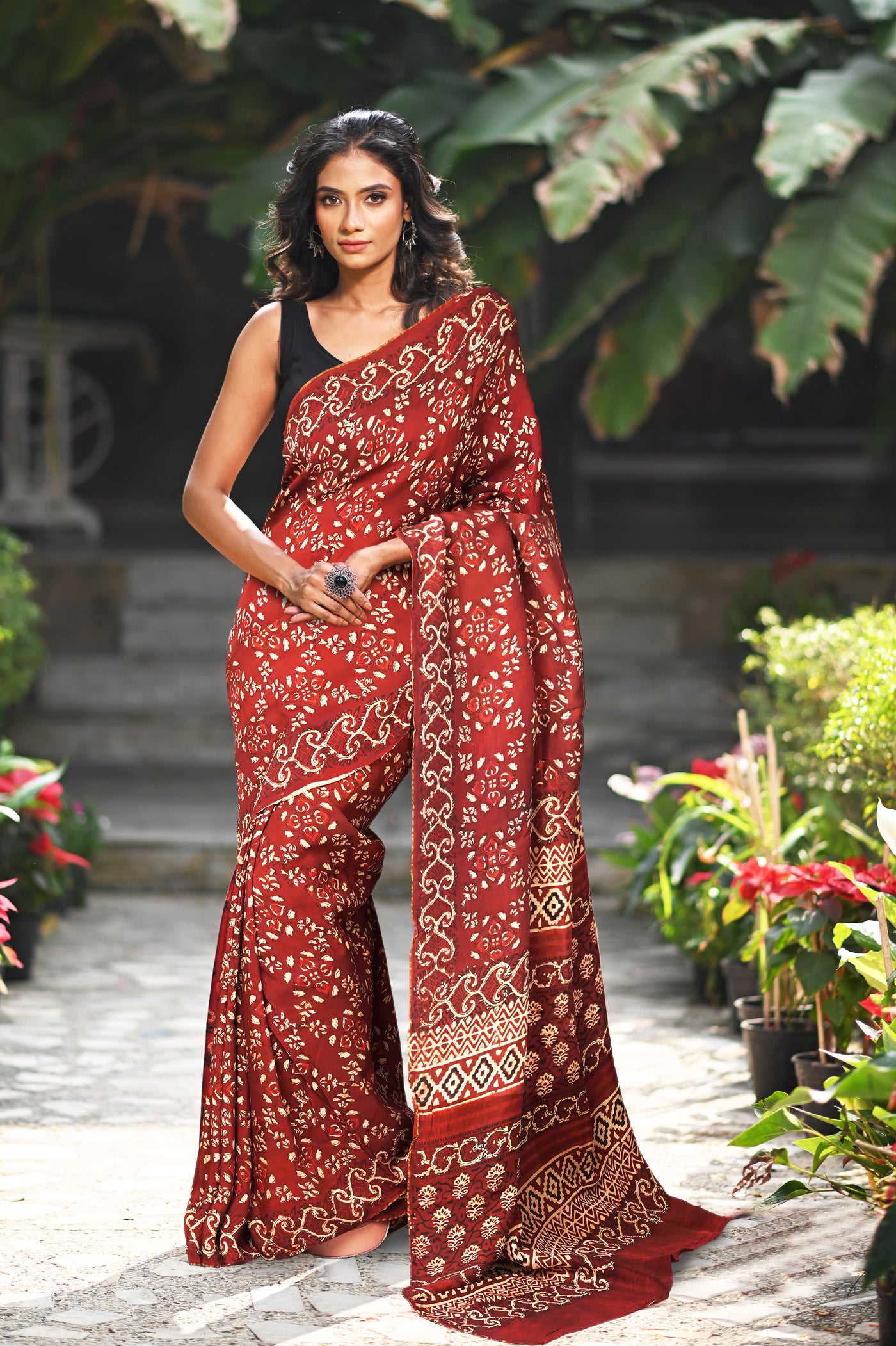 Maroon Pure Ajrakh Printed Soft Silk Saree-UNM81690