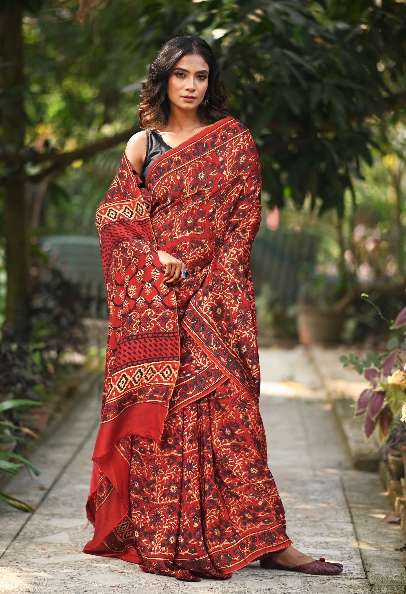 Red Pure Ajrakh Printed Soft Silk Saree-UNM81691