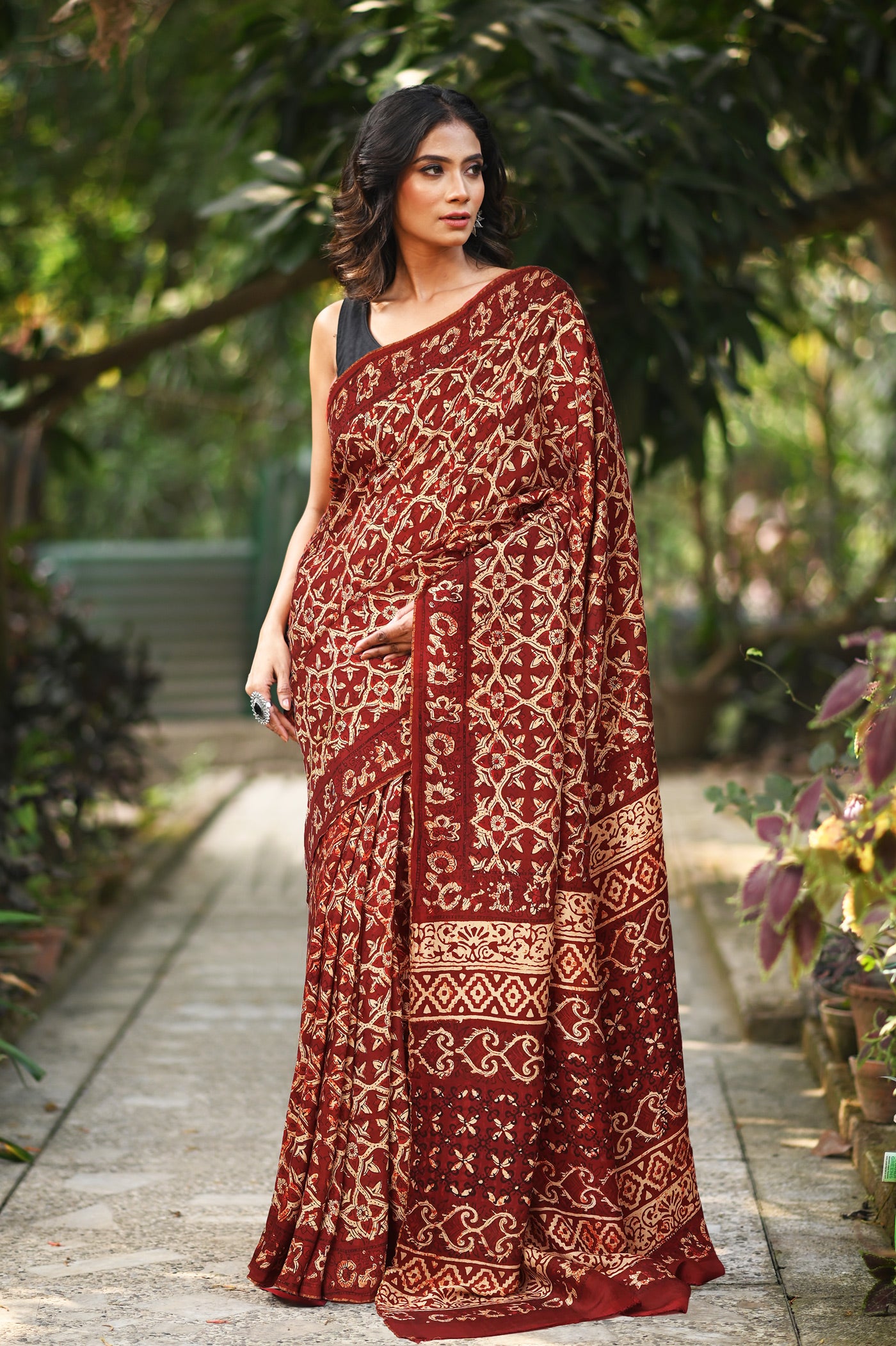 Maroon Pure Ajrakh Printed Soft Silk Saree-UNM81694