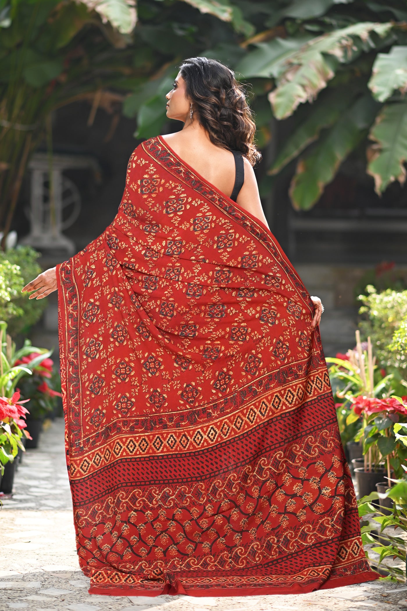 Red Pure Ajrakh Printed Soft Silk Saree-UNM81695