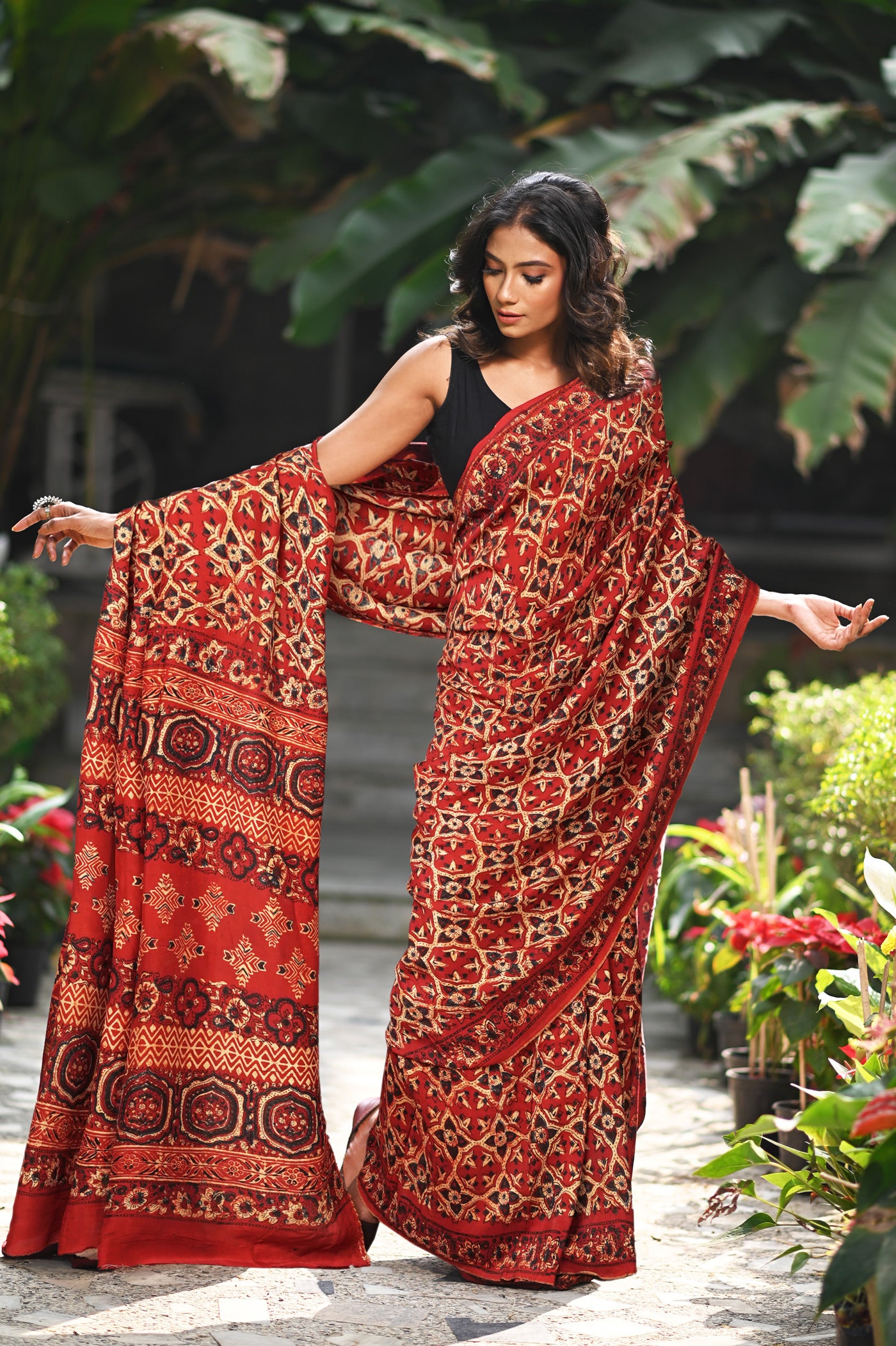 Red Pure Ajrakh Printed Soft Silk Saree-UNM81697